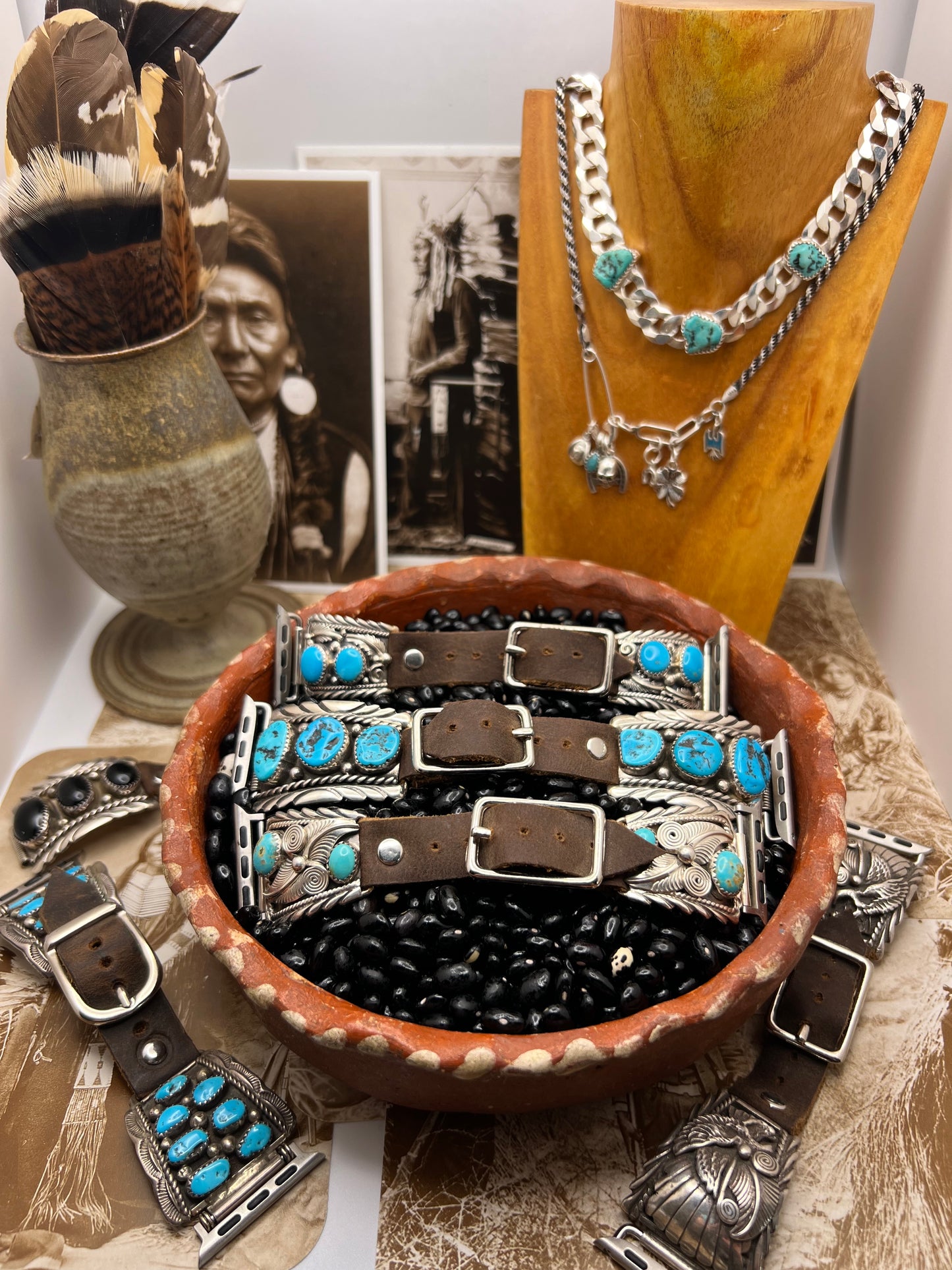 Native American Sterling Silver Watch Band with Black Onyx D