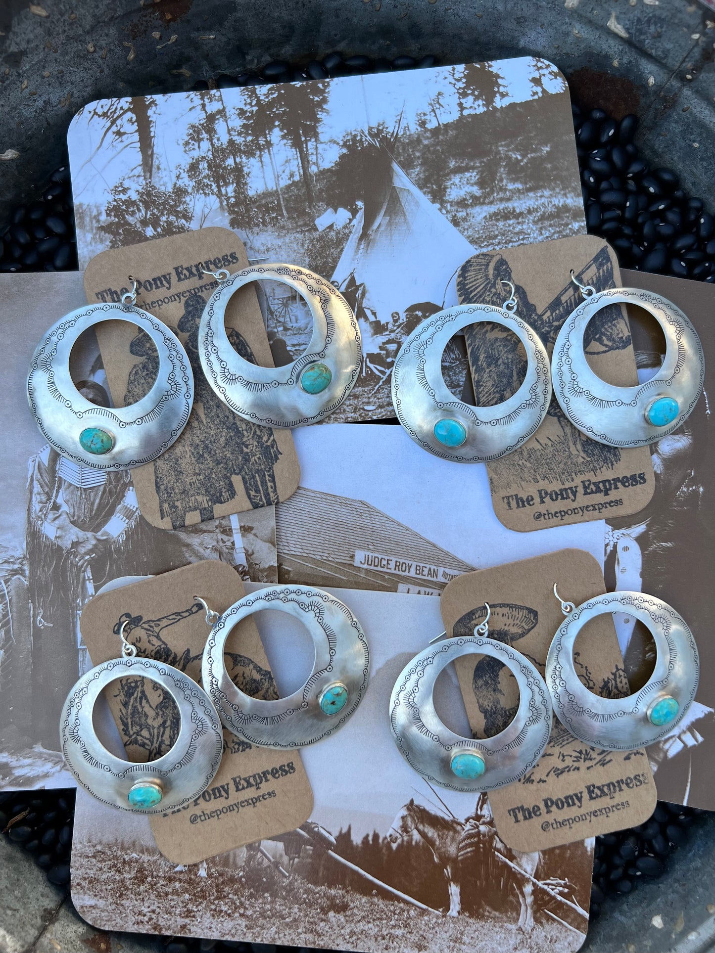 Large Sterling Silver Turquoise etched Disk earrings