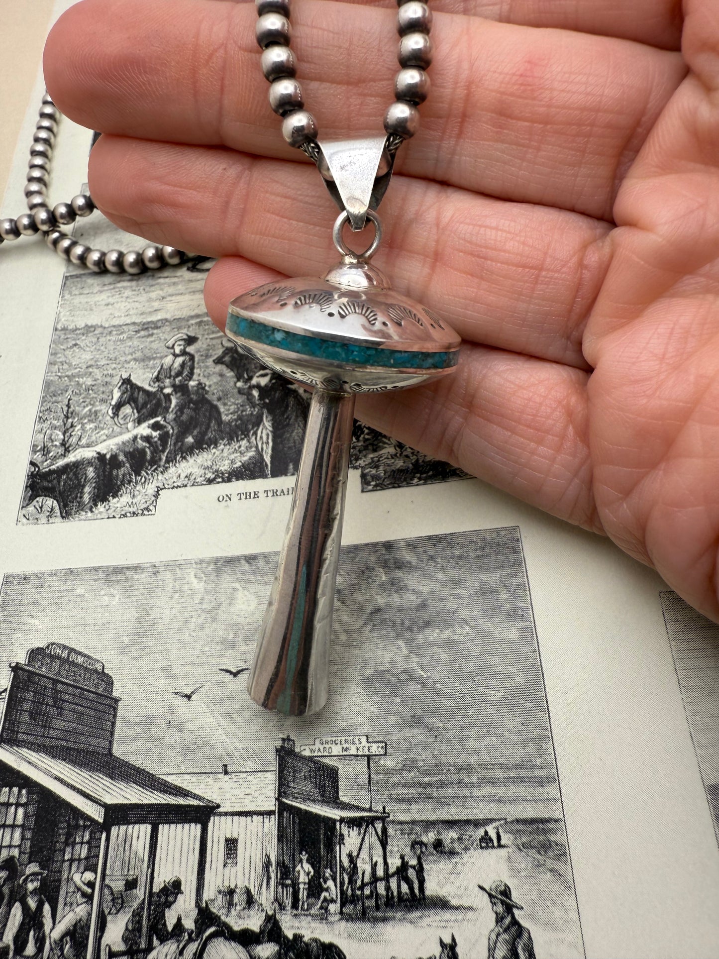 Squash Blossom Pendant with crush turquoise Inlay