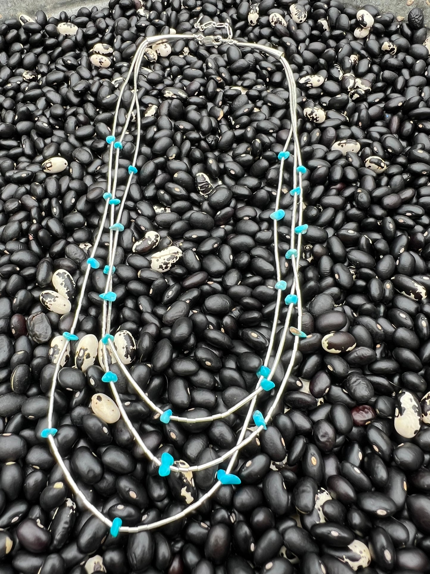 Liquid Silver three strand nugget Necklace turquoise or Co ral