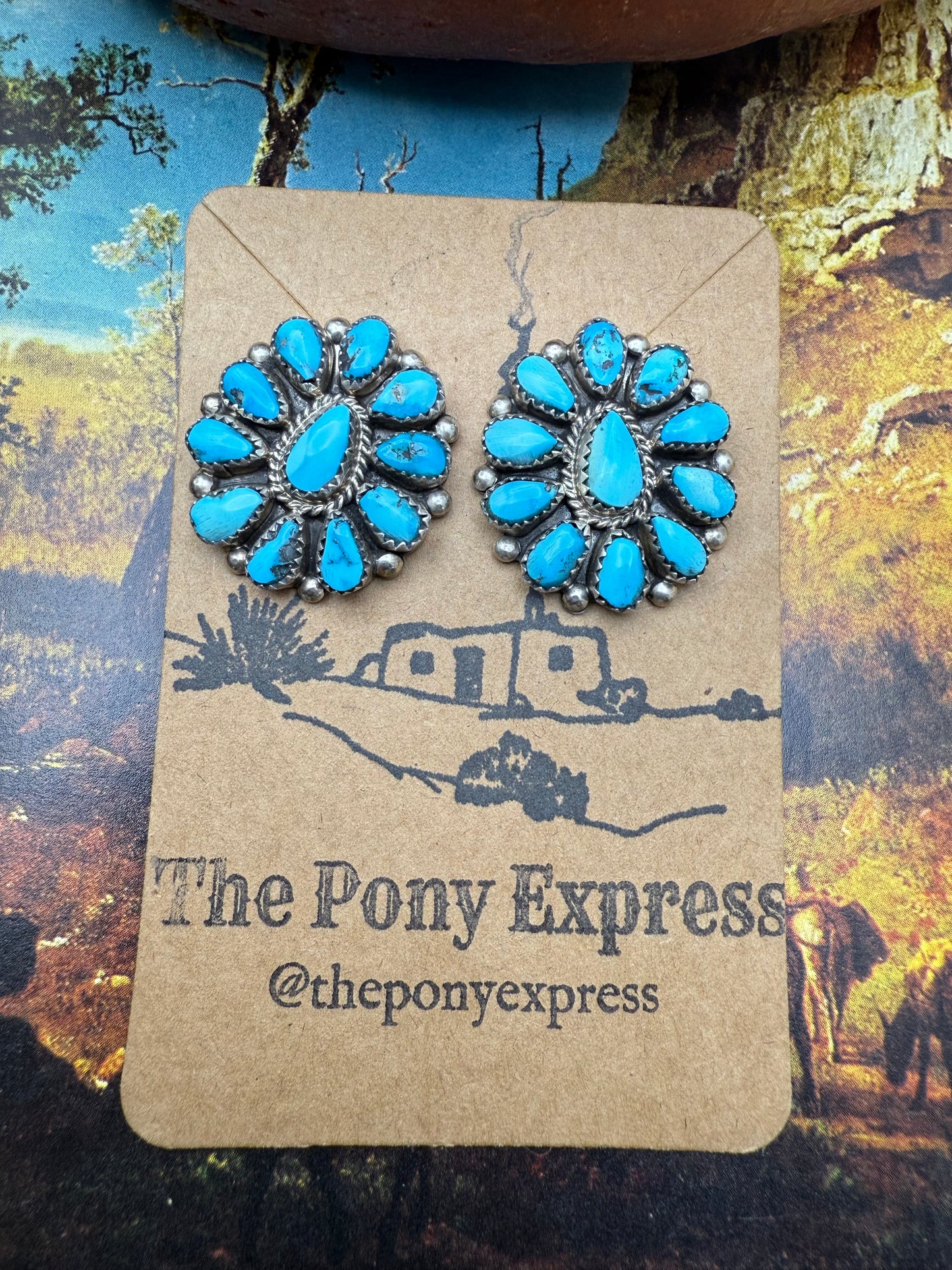Hand cut Turquoise cluster stud earrings