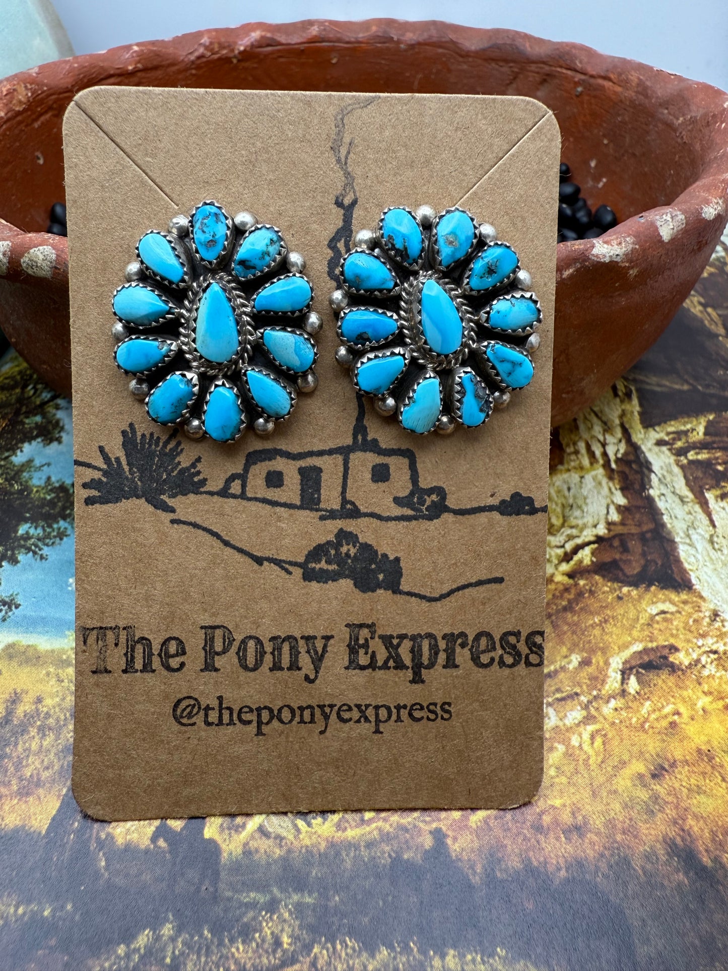 Hand cut Turquoise cluster stud earrings