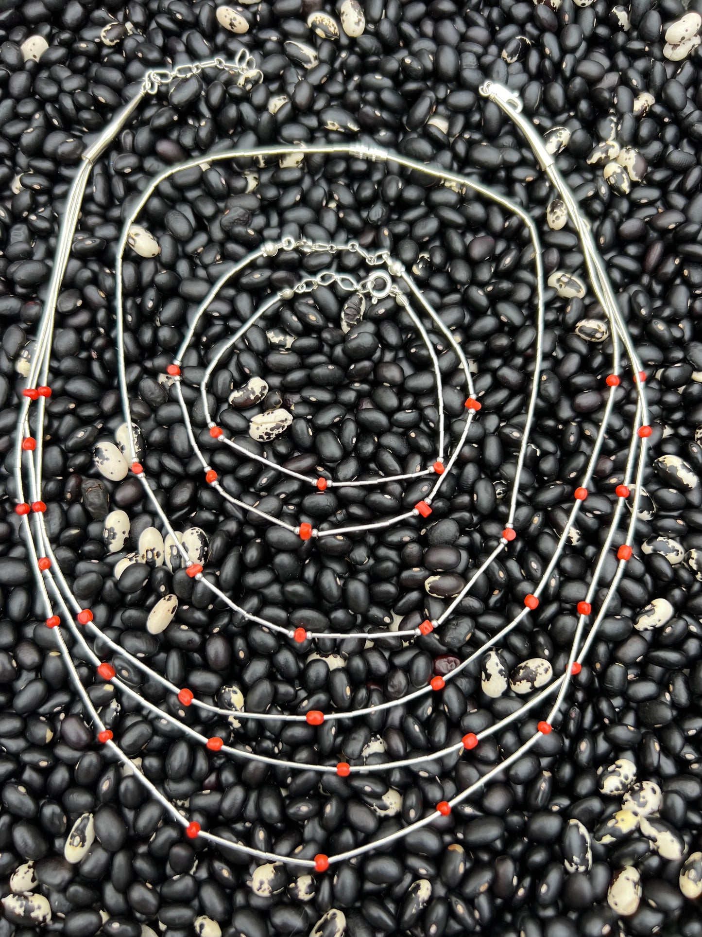 Liquid Silver three strand nugget Necklace turquoise or Co ral