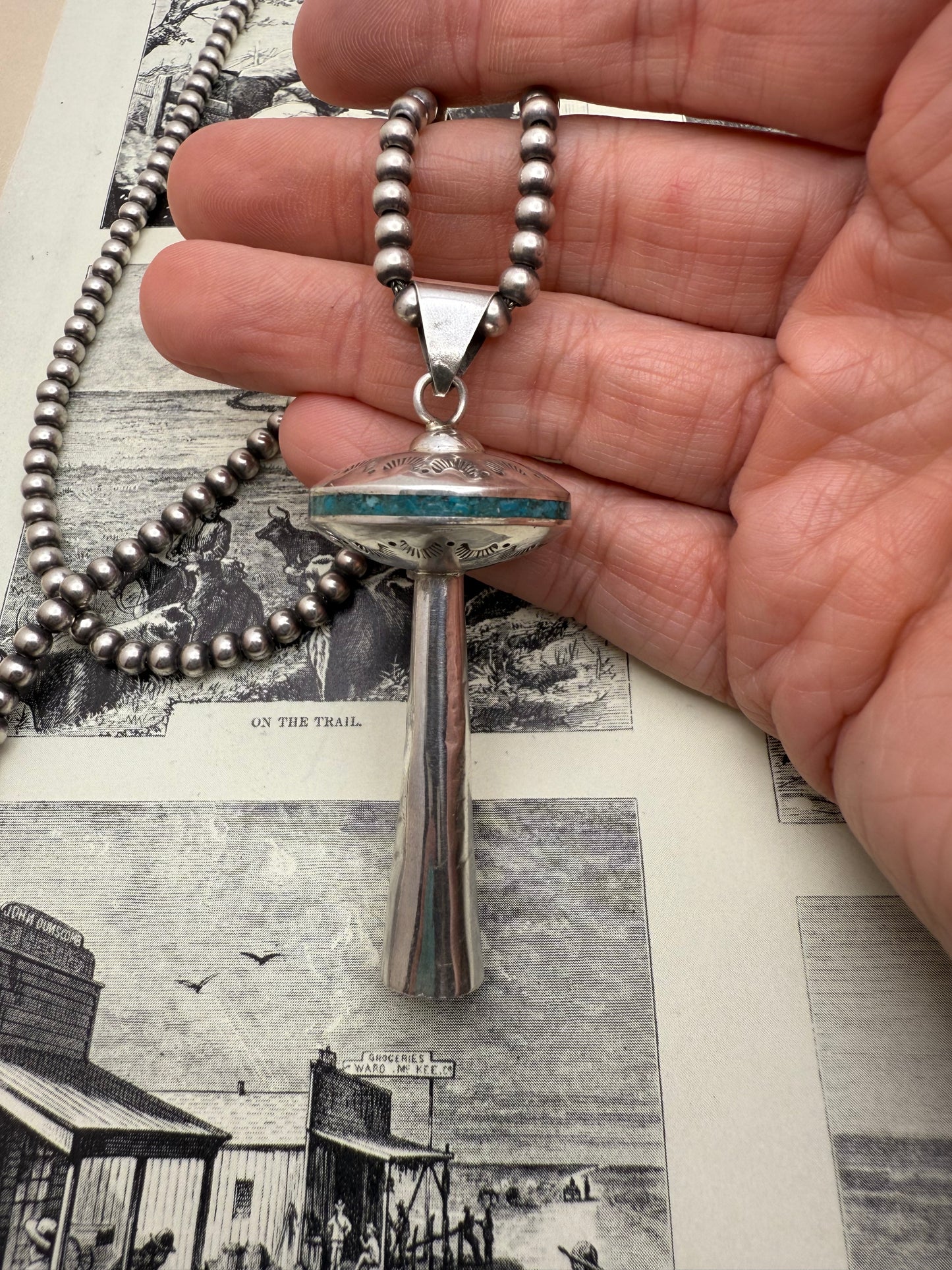Squash Blossom Pendant with crush turquoise Inlay