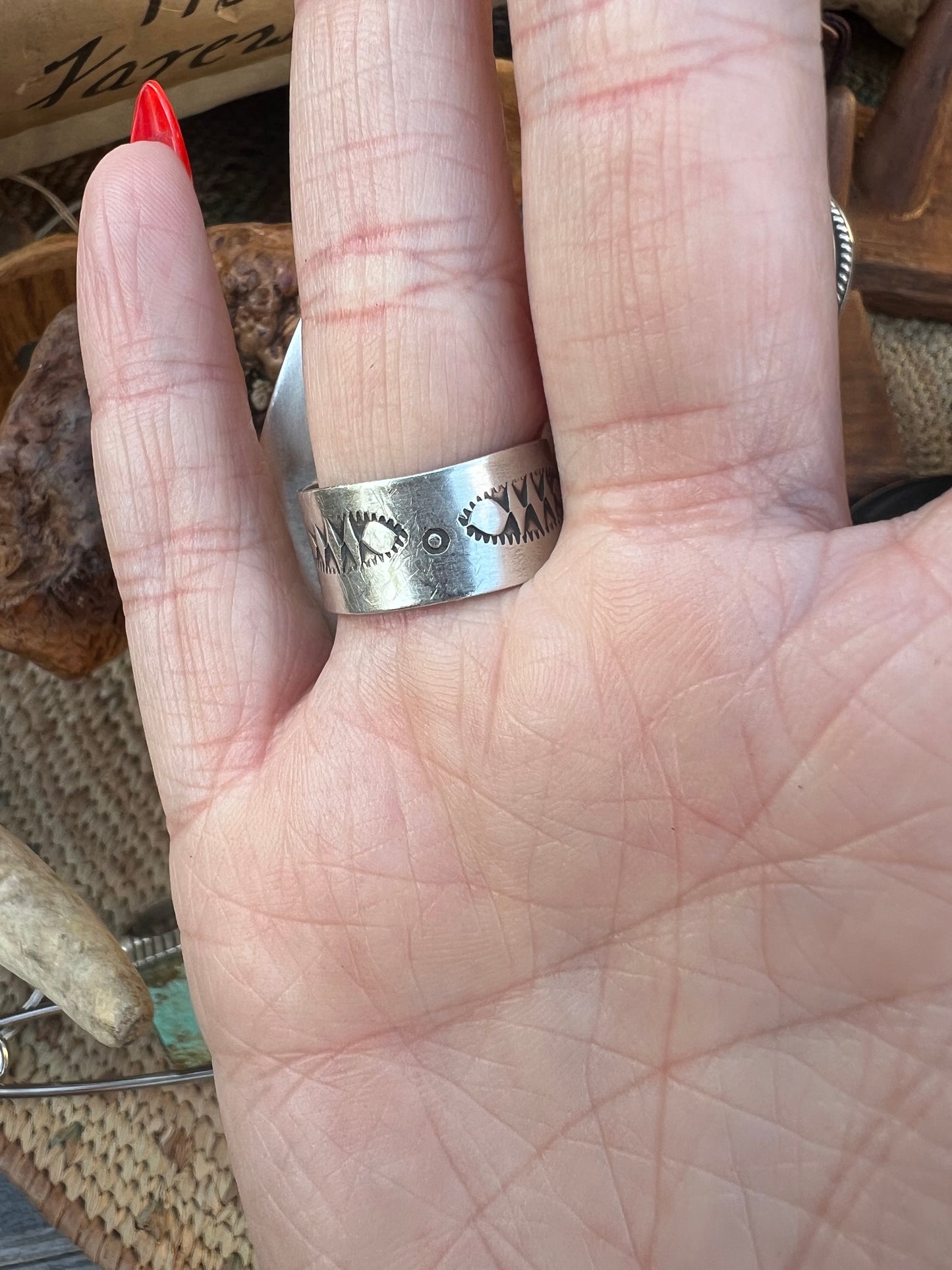 Large Adjustable Hand Stamped Kingman Ring
