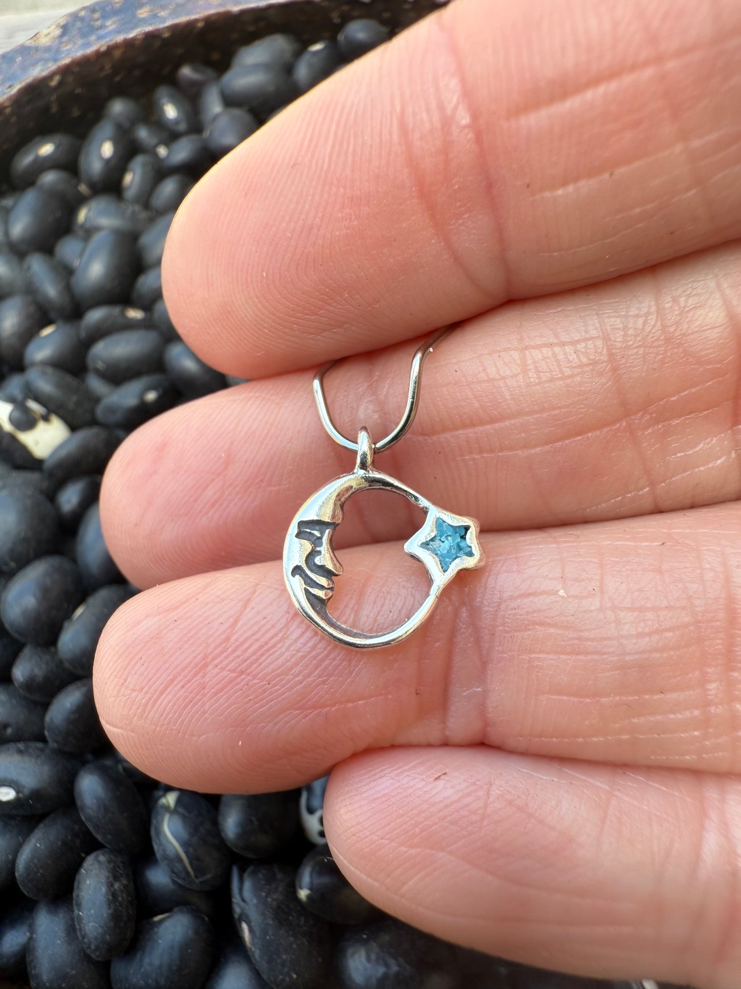 Moon with Turquoise Inlay Star Sterling Silver Charm