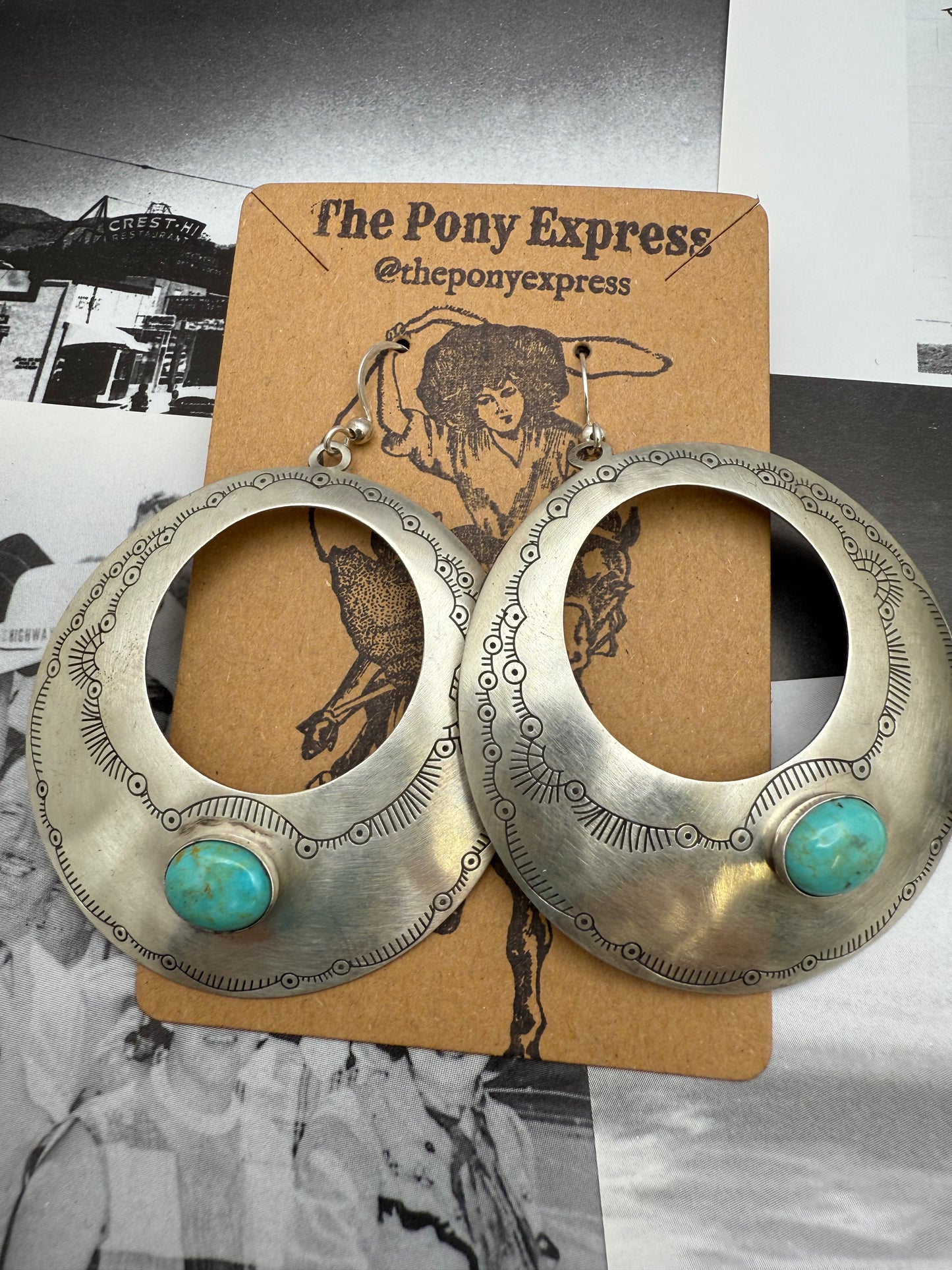 Large Sterling Silver Turquoise etched Disk earrings