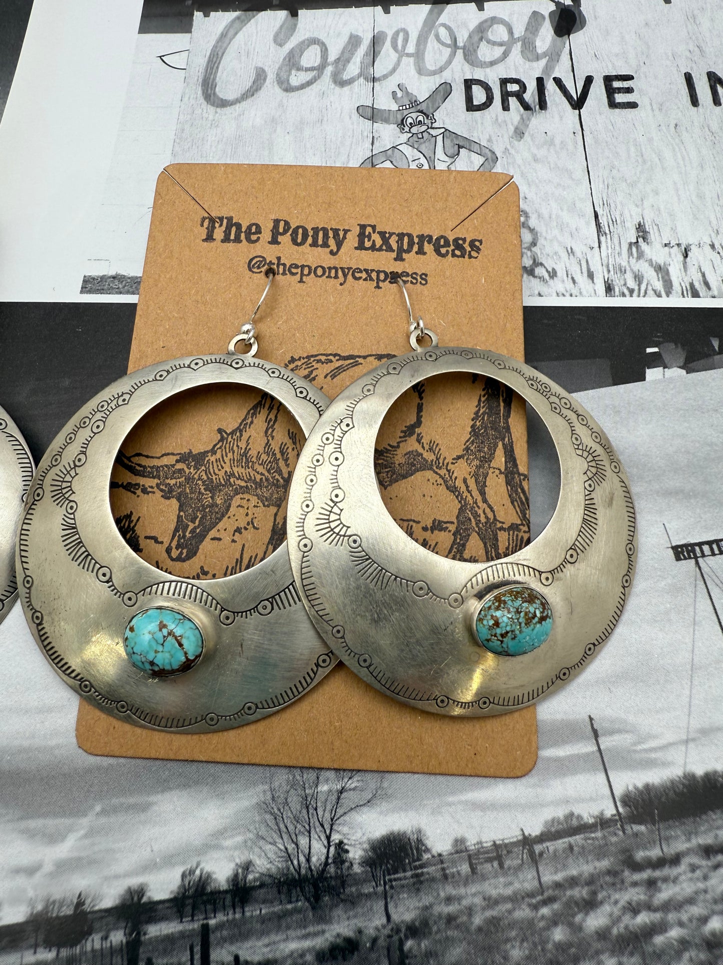 Large Sterling Silver Turquoise etched Disk earrings
