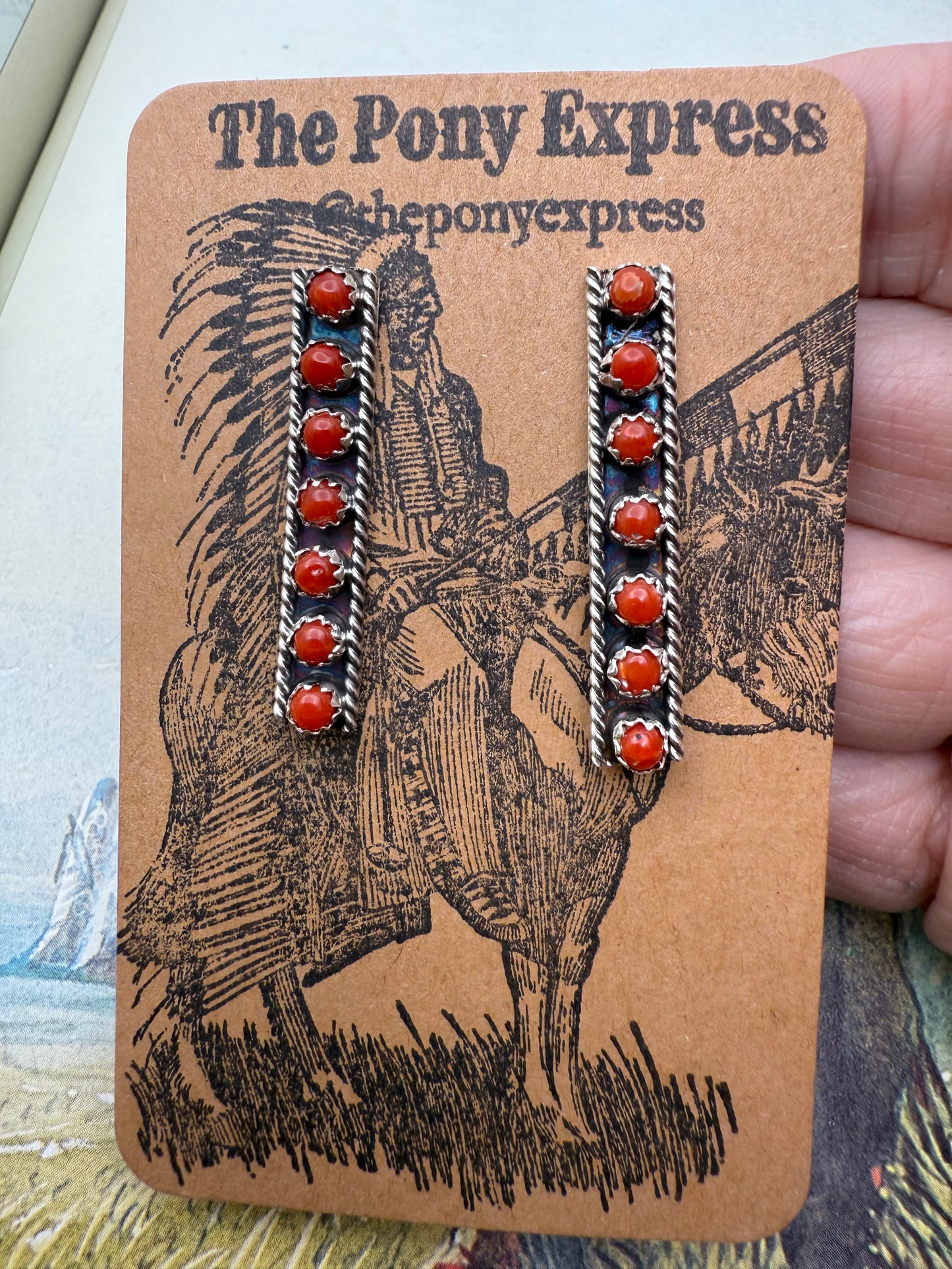 Coral 7 Stone Bar Earrings