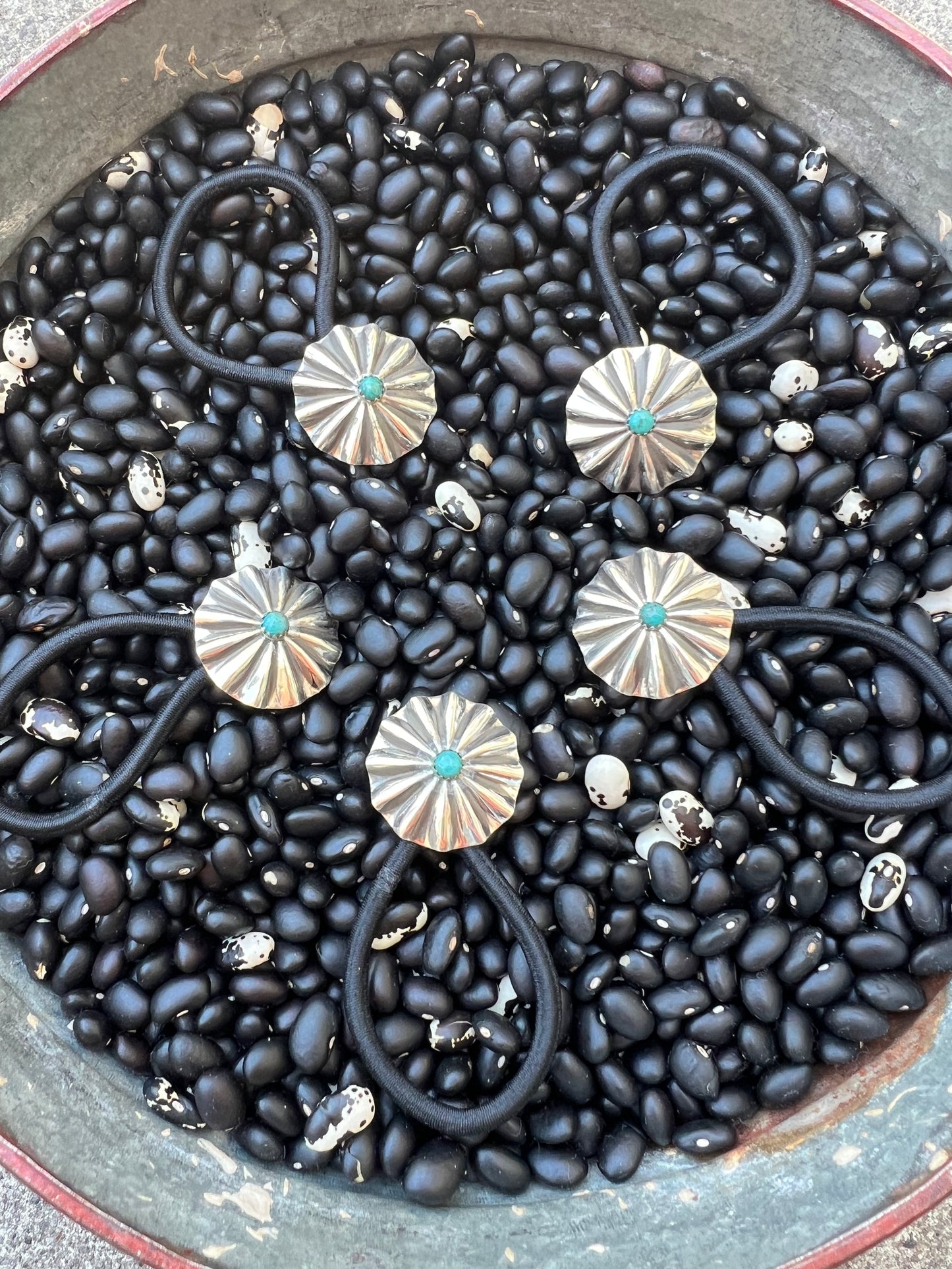 Sterling silver scallop Concho hair tie with turquoise Style B