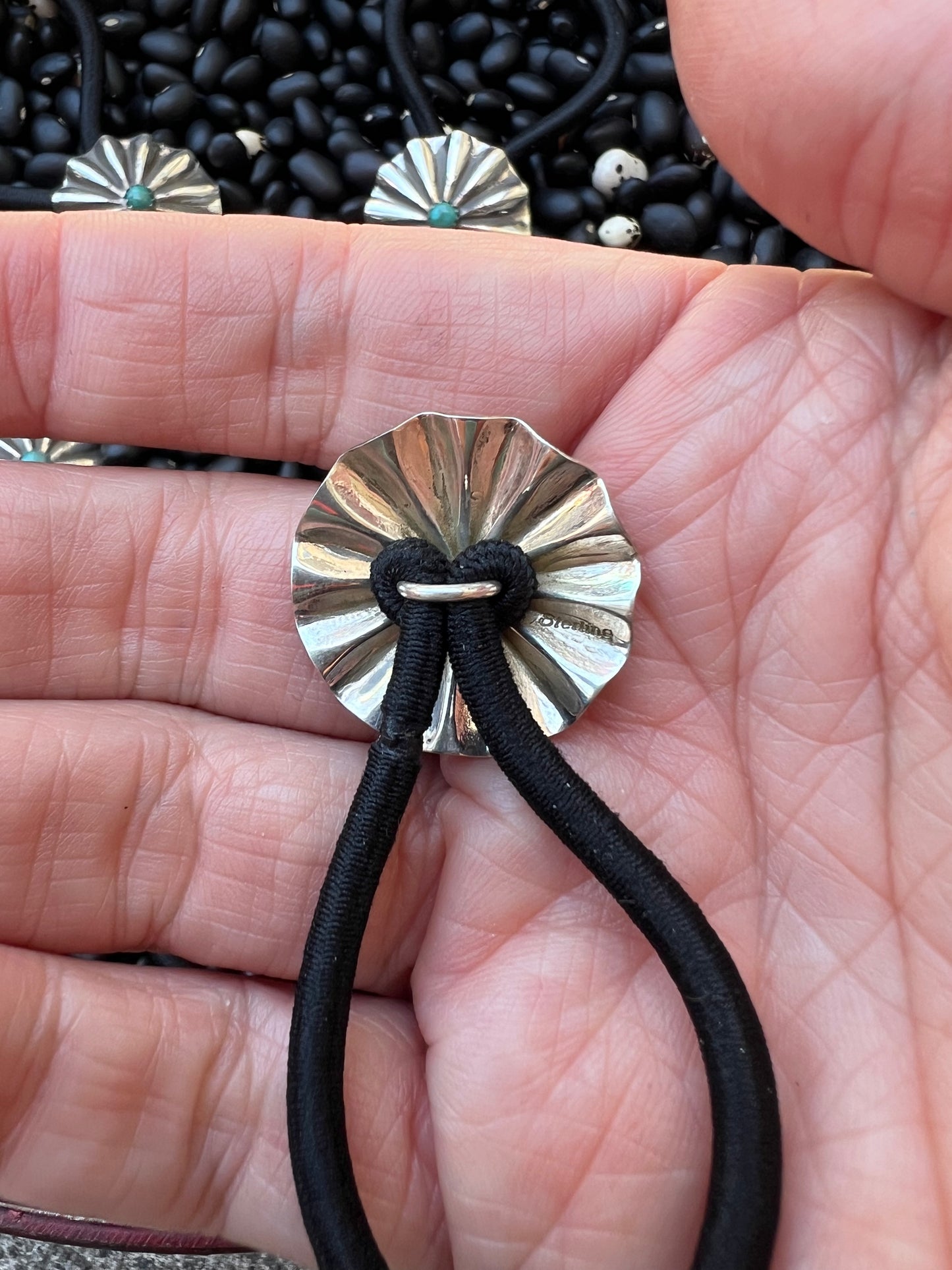 Sterling silver scallop Concho hair tie with turquoise Style B