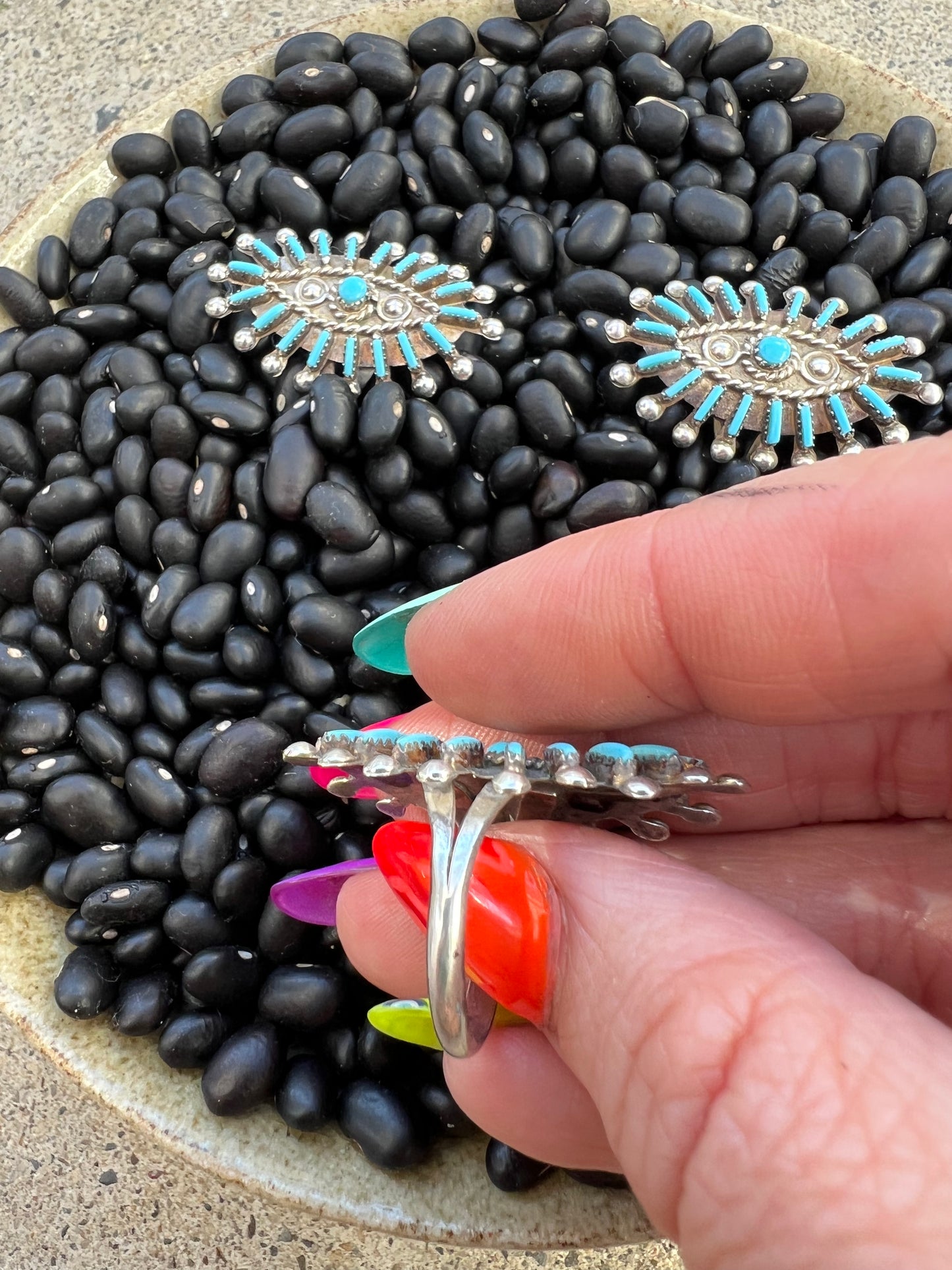 Zuni needlepoint evil eye Cluster Ring