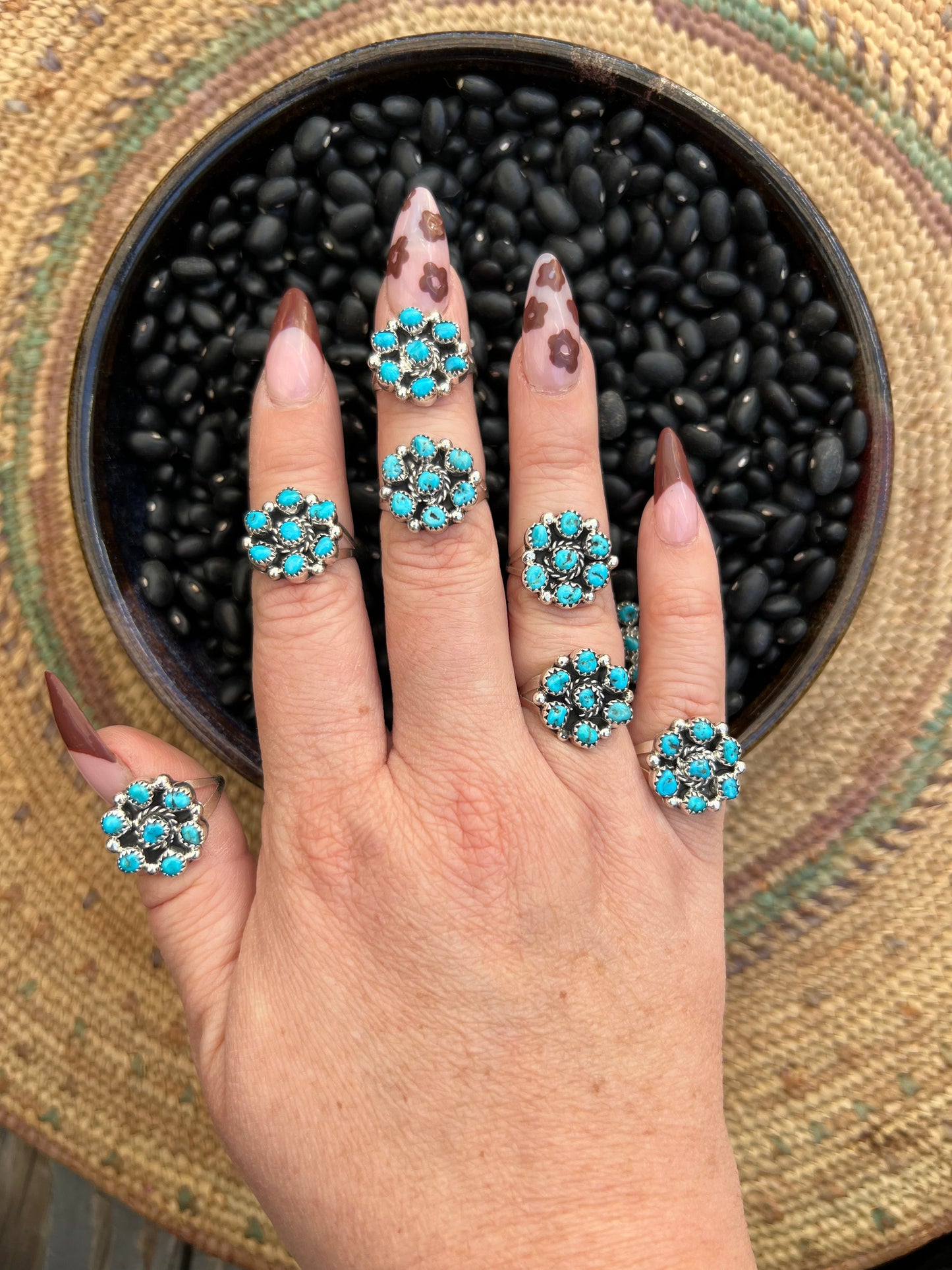 Flower Cluster Ring with genuine turquoise