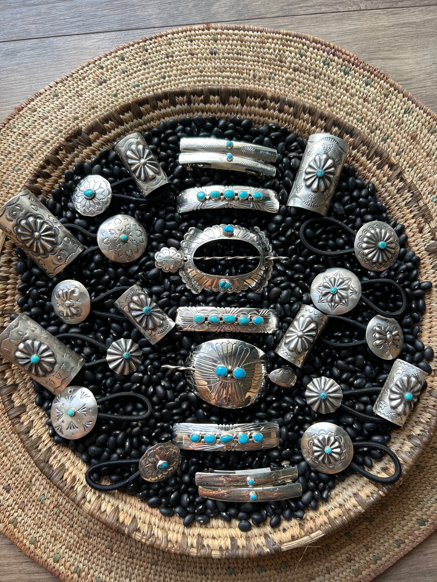 Sterling silver scallop Concho hair tie with turquoise Style B