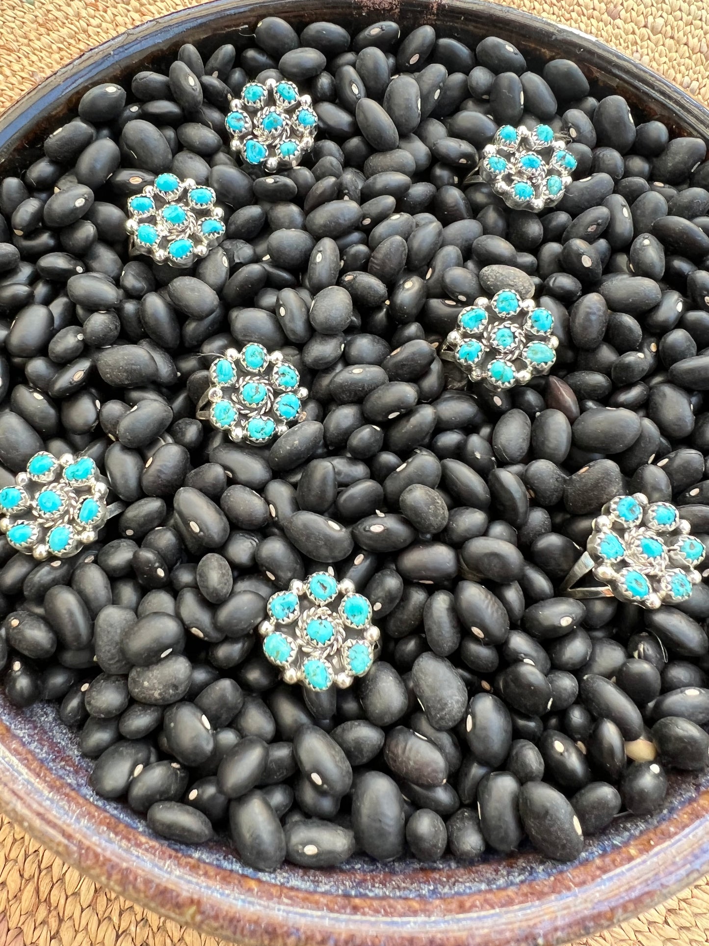 Flower Cluster Ring with genuine turquoise