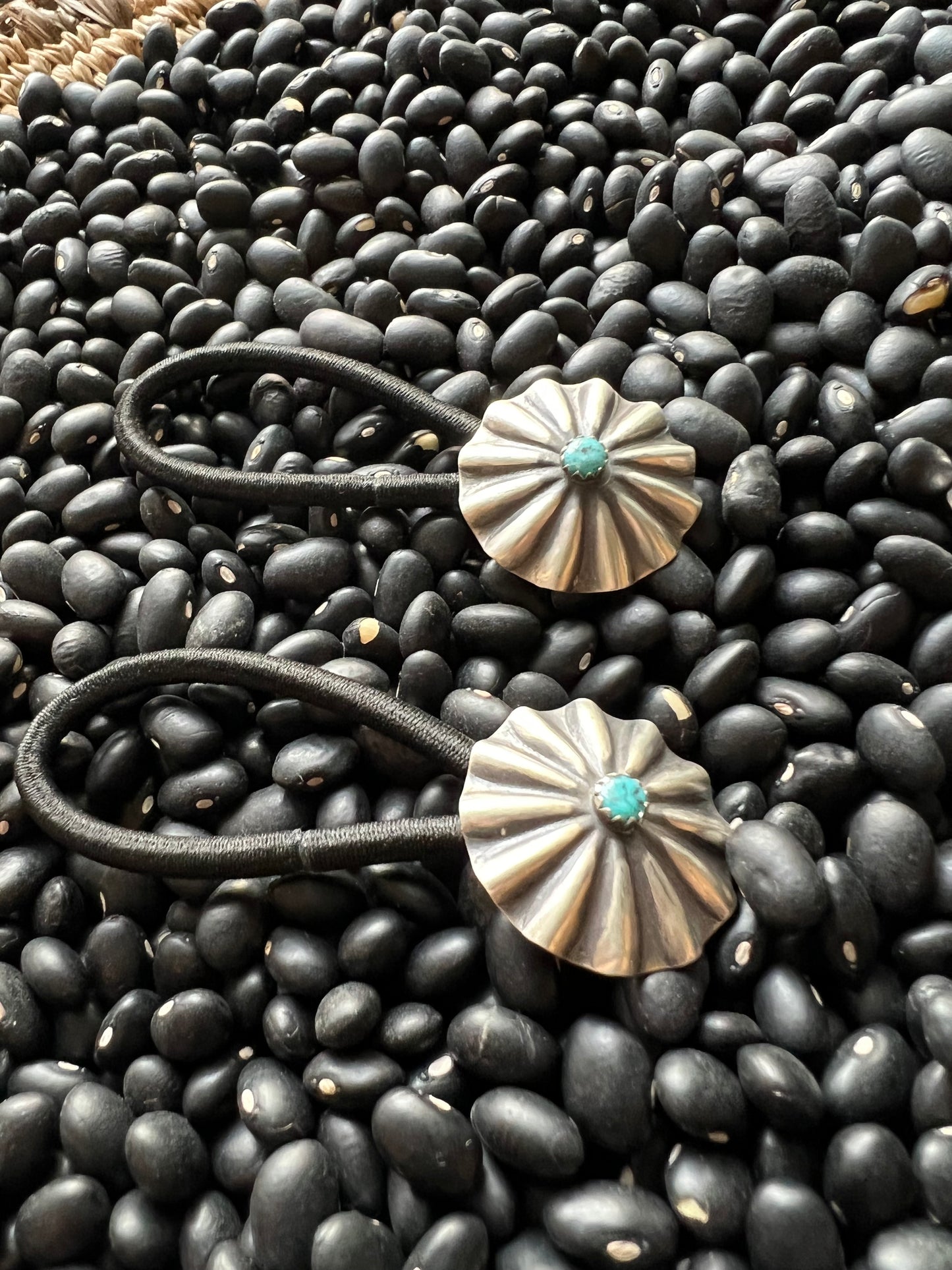 Sterling silver scallop Concho hair tie with turquoise Style B