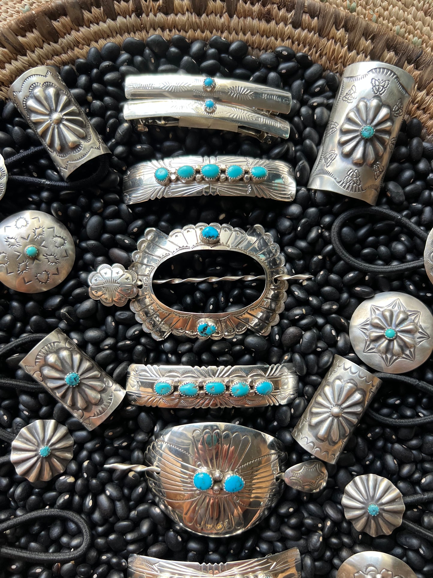Sterling silver scallop Concho hair tie with turquoise Style B