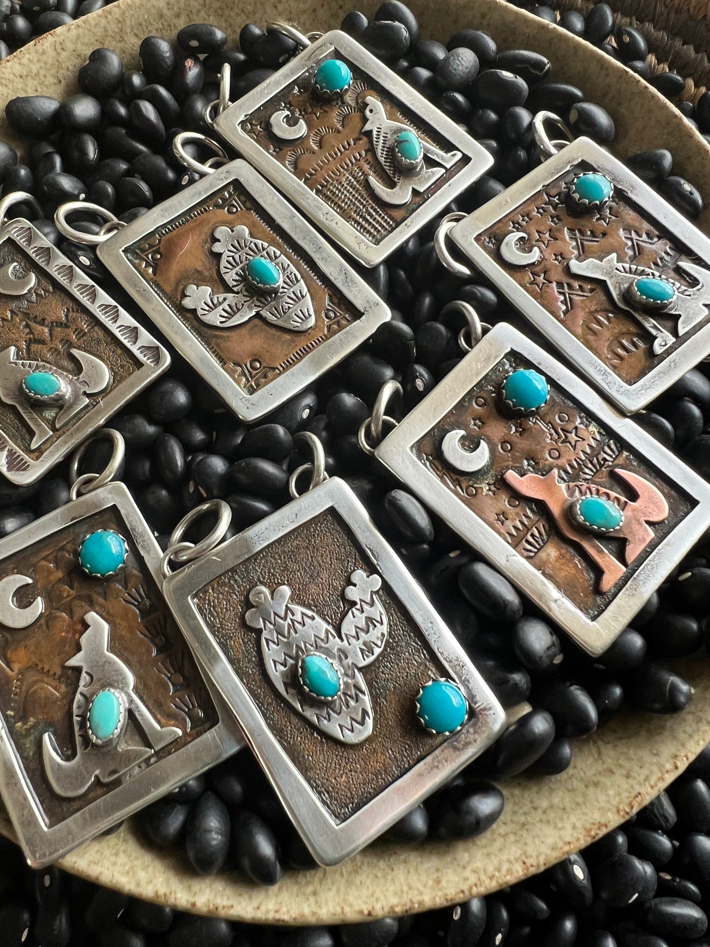 Hand Stamped Armadillo Cactus and Coyote Pendants