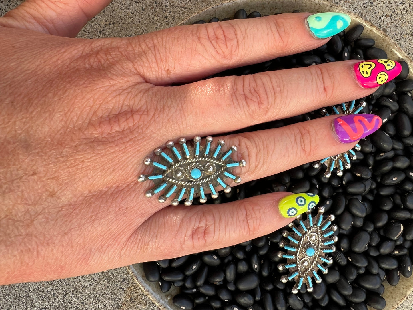 Zuni needlepoint evil eye Cluster Ring