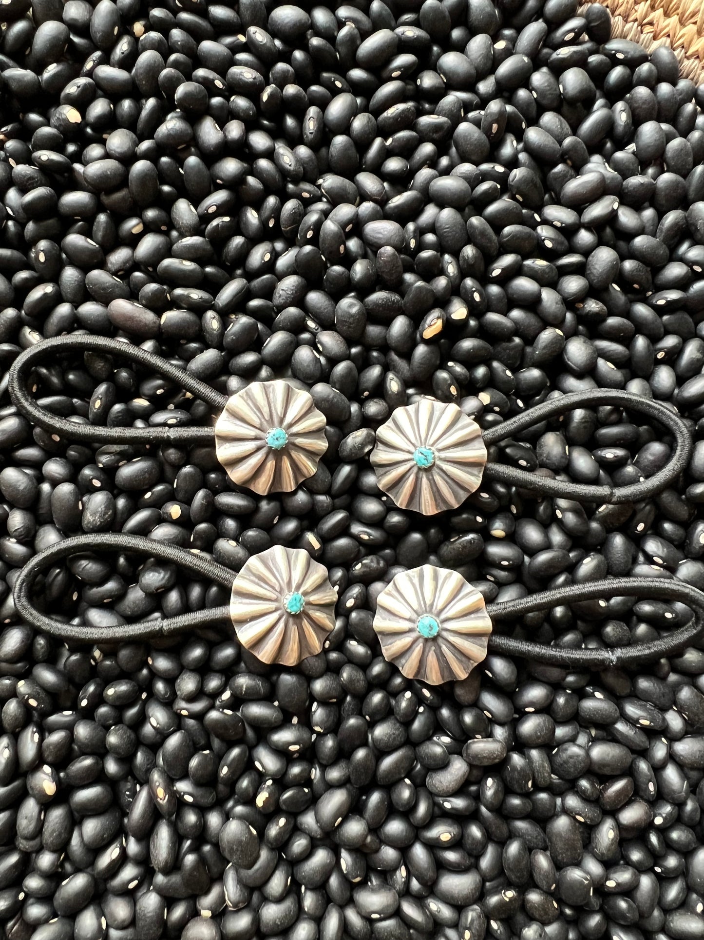 Sterling silver scallop Concho hair tie with turquoise Style B