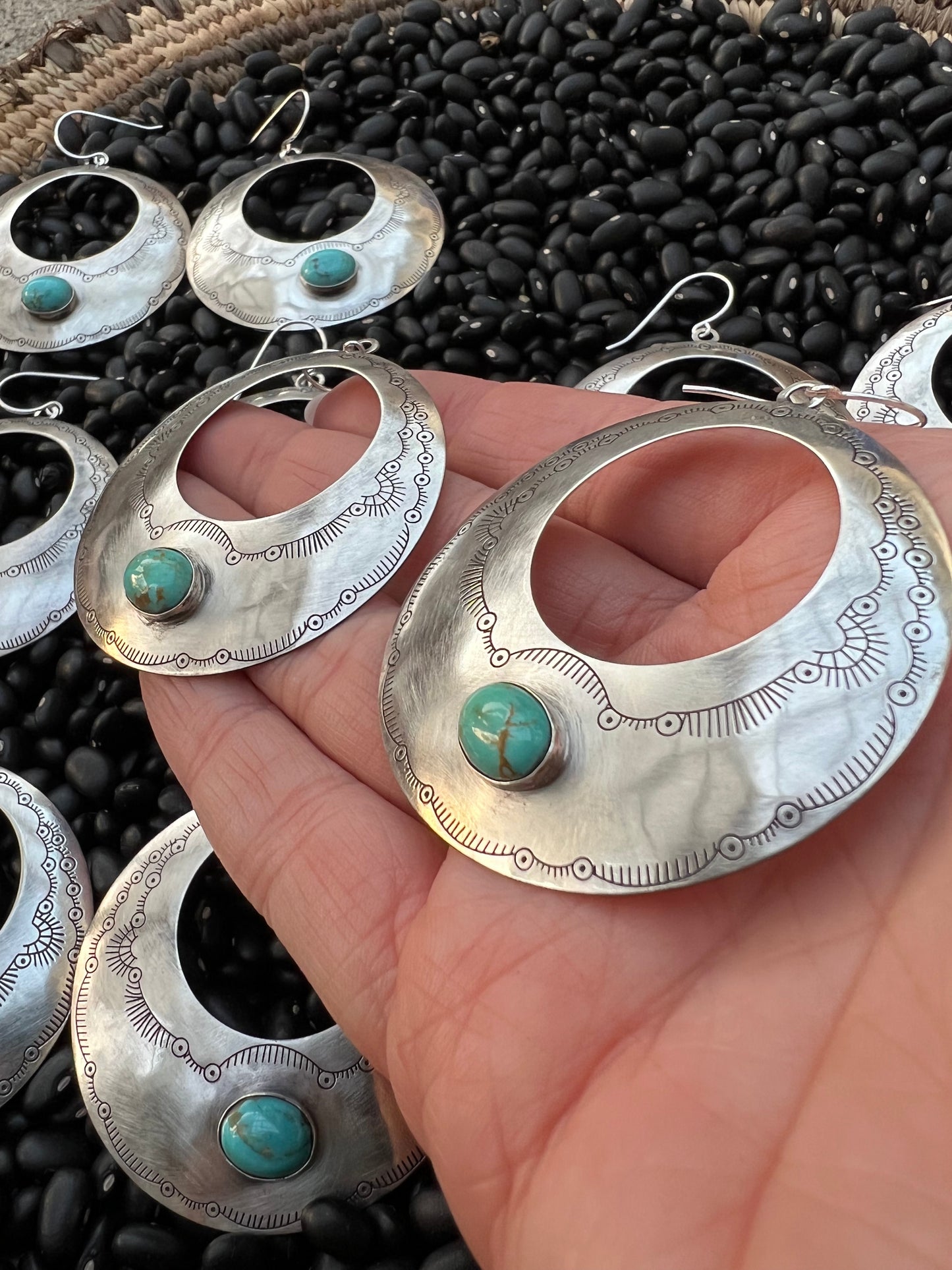 Large Sterling Silver Turquoise etched Disk earrings