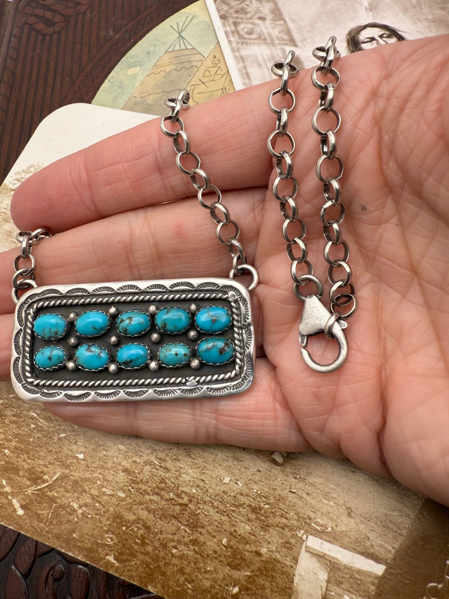 10 Stone Bar Necklace with heavy rollo chain