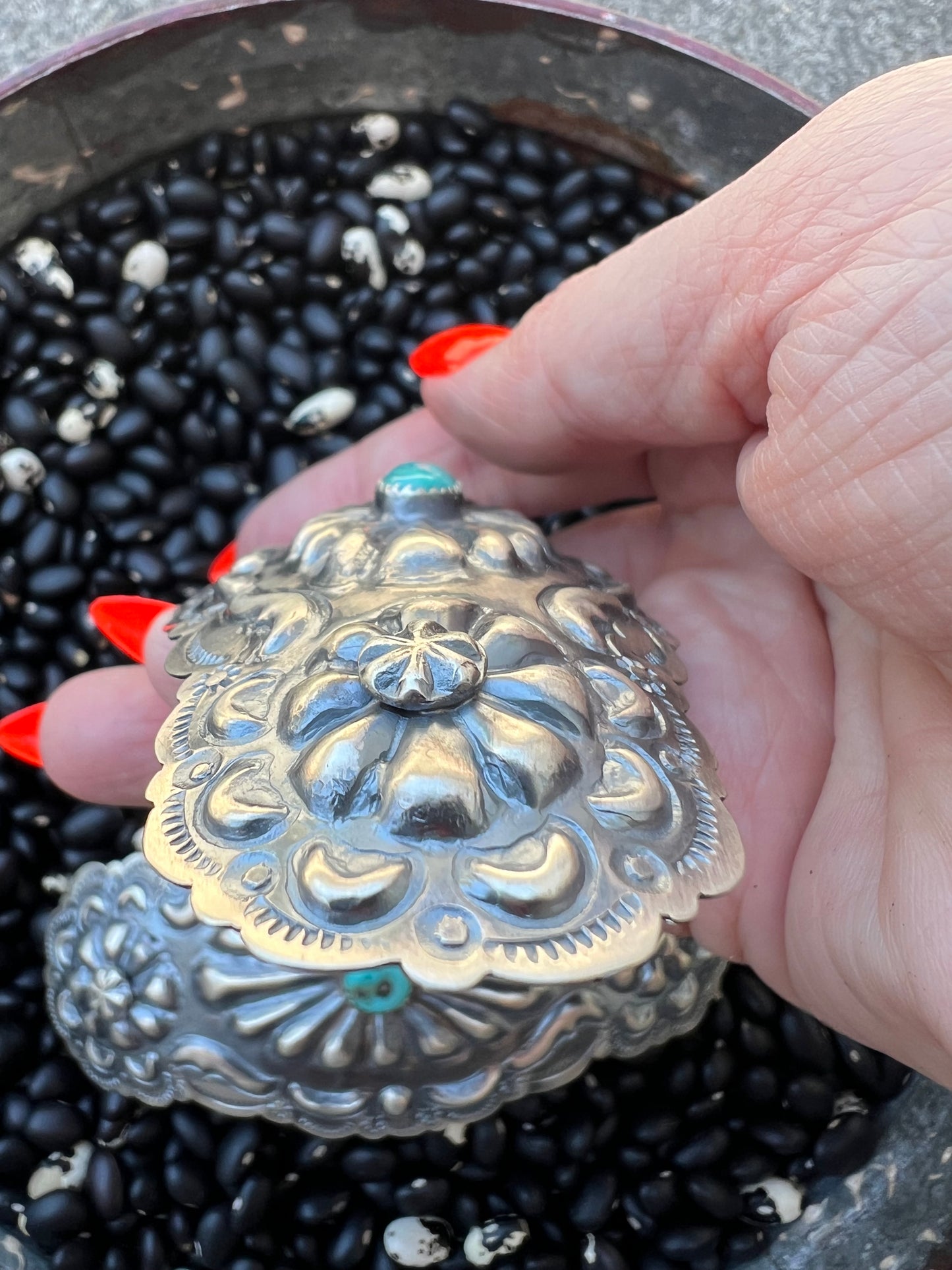 Large detailed Sterling silver barrette with genuine turquoise