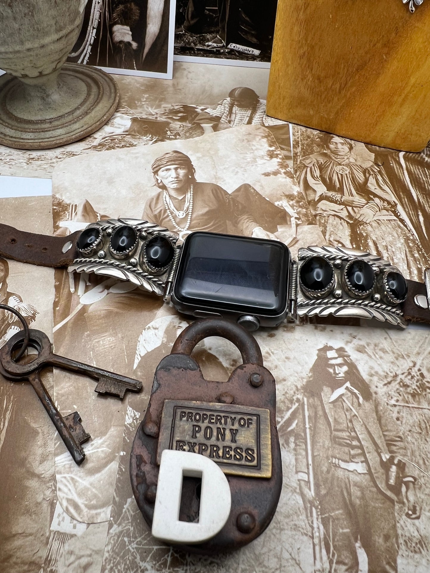 Native American Sterling Silver Watch Band with Black Onyx D