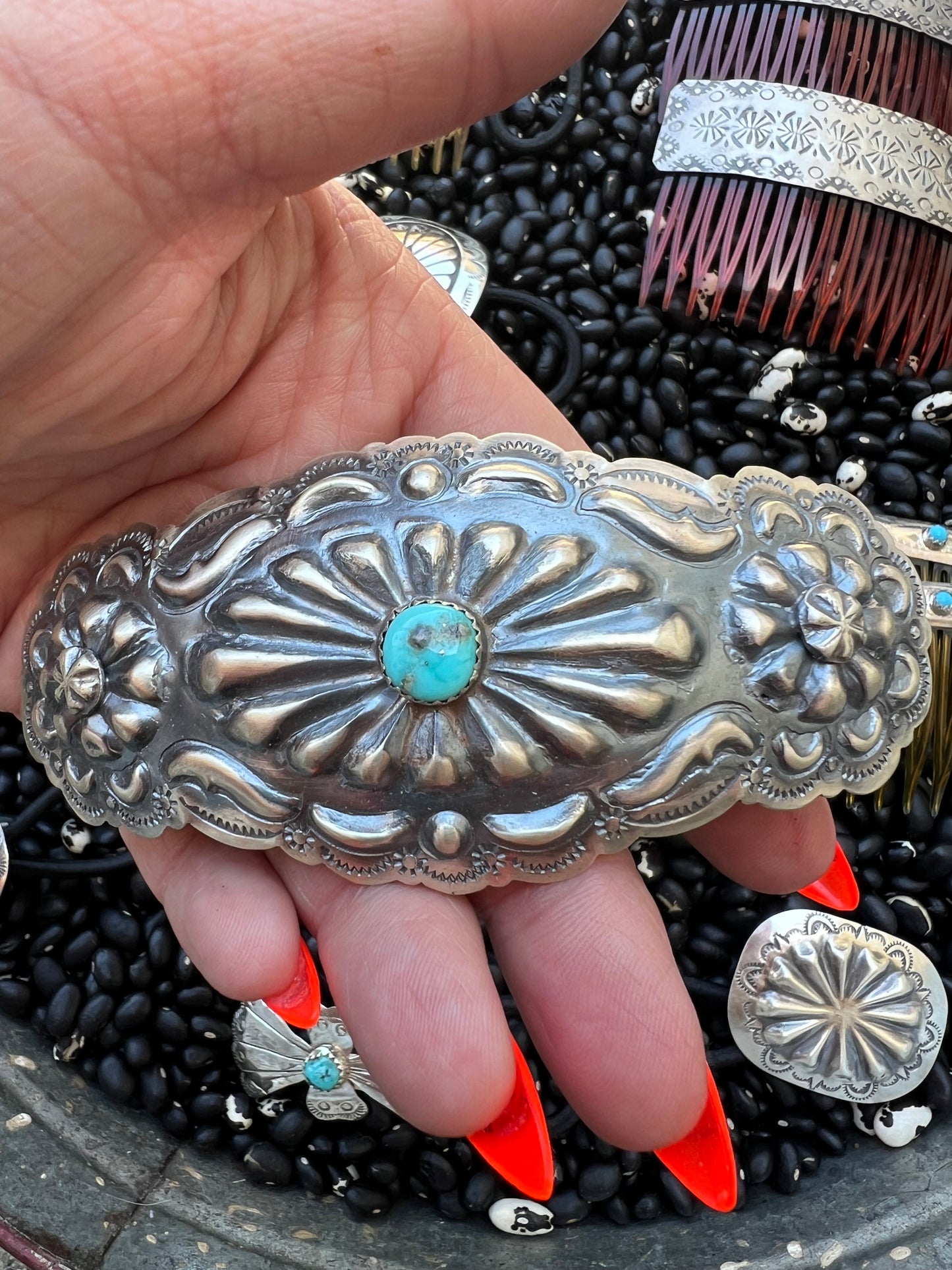 Large detailed Sterling silver barrette with genuine turquoise