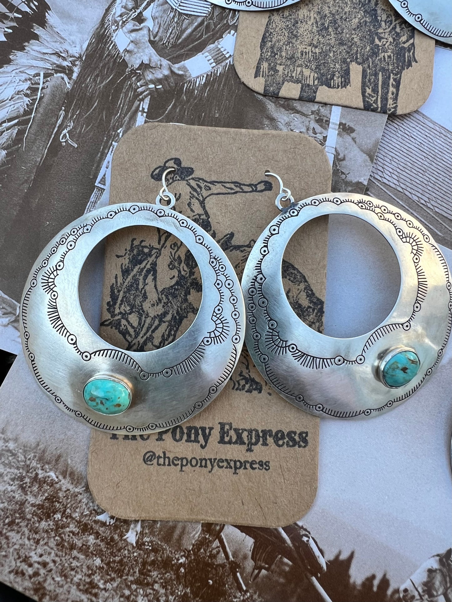 Large Sterling Silver Turquoise etched Disk earrings