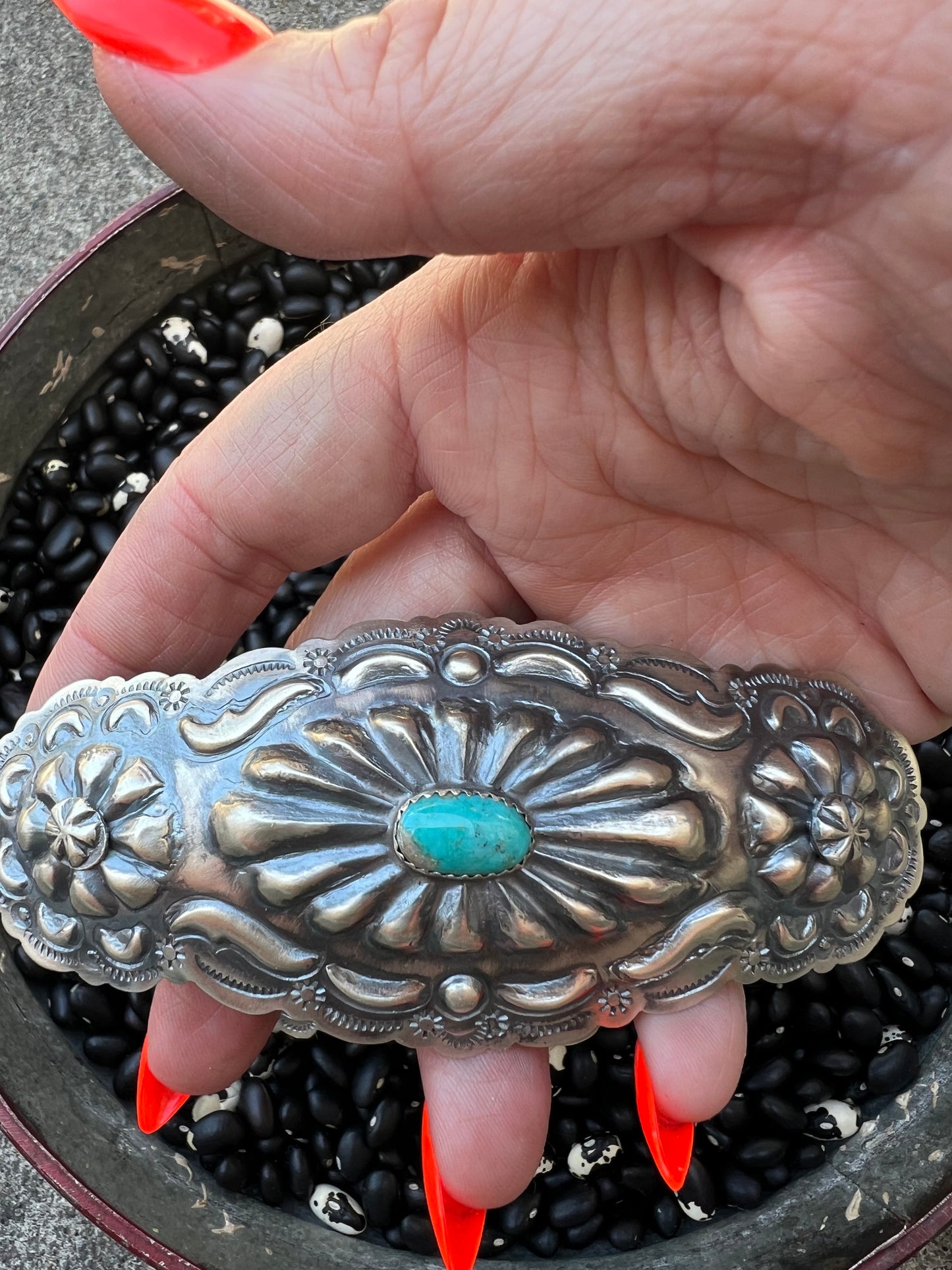 Large detailed Sterling silver barrette with genuine turquoise