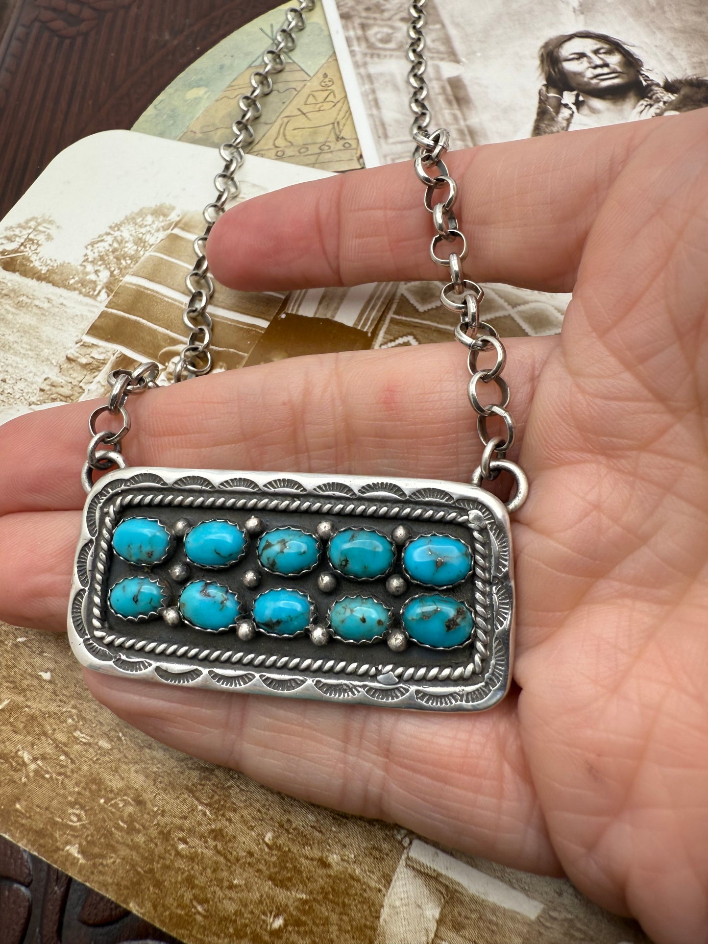 10 Stone Bar Necklace with heavy rollo chain