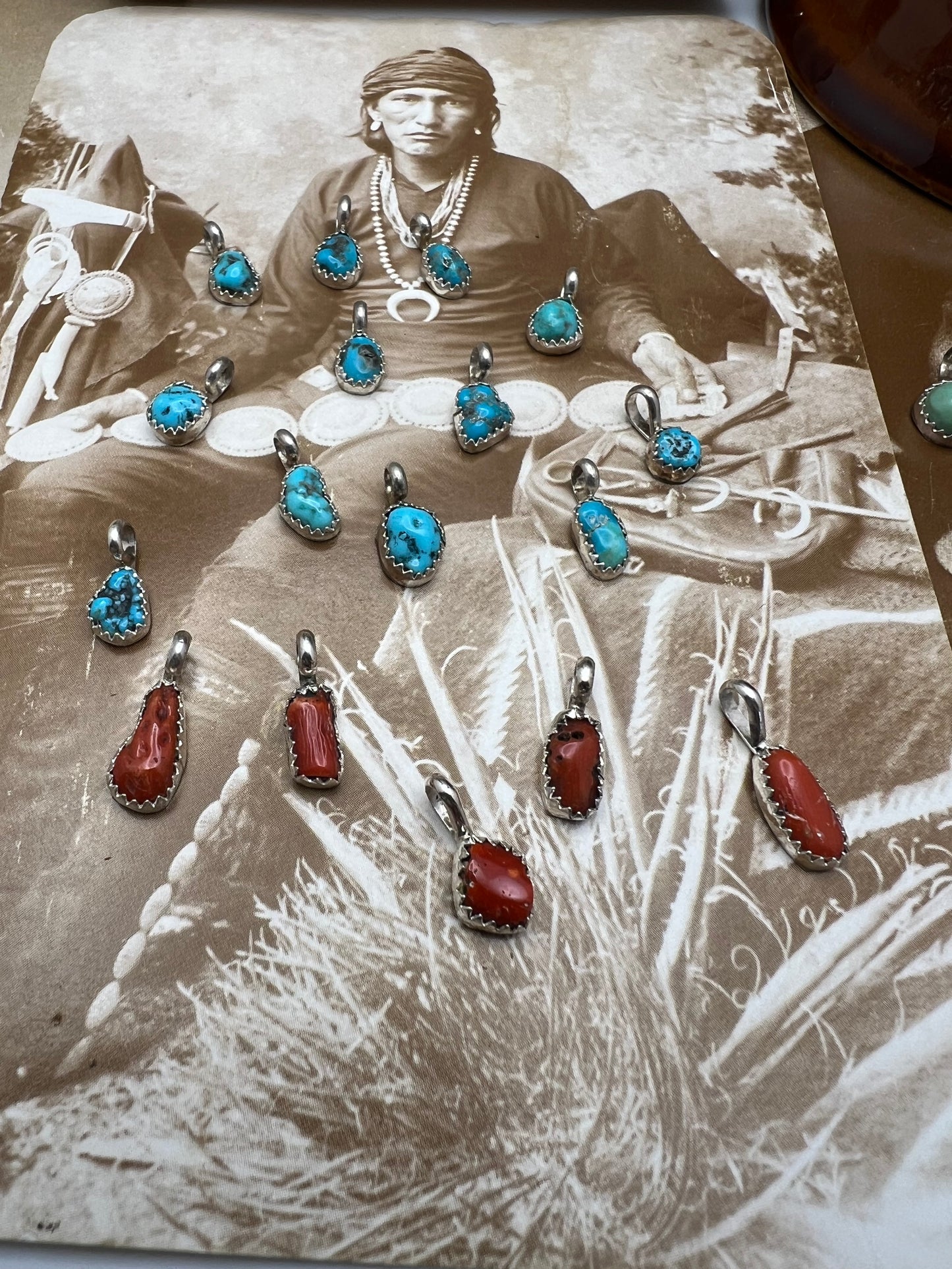 Mini Genuine Turquoise and Coral Pendants