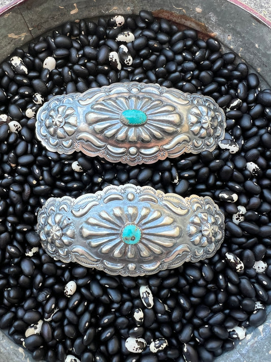 Large detailed Sterling silver barrette with genuine turquoise