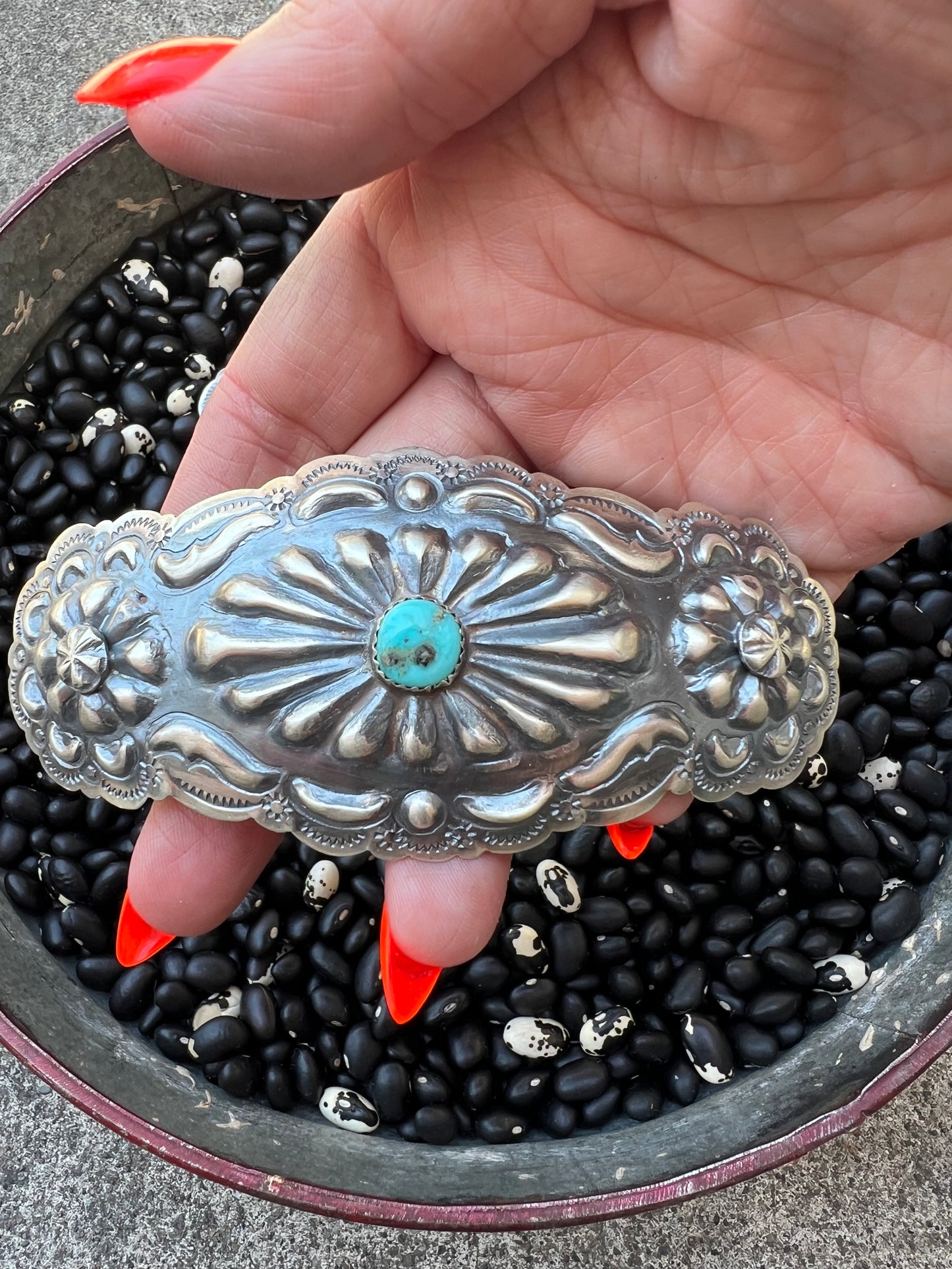 Large detailed Sterling silver barrette with genuine turquoise