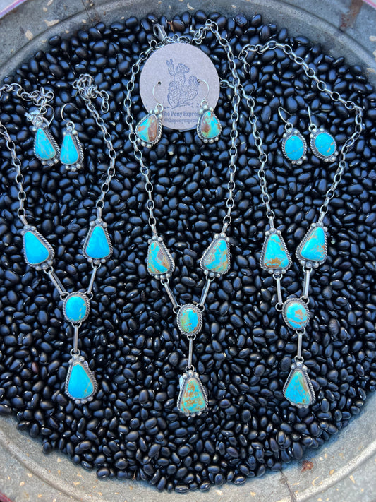 Kingman Turquoise Lariat Necklace & Earrings Set