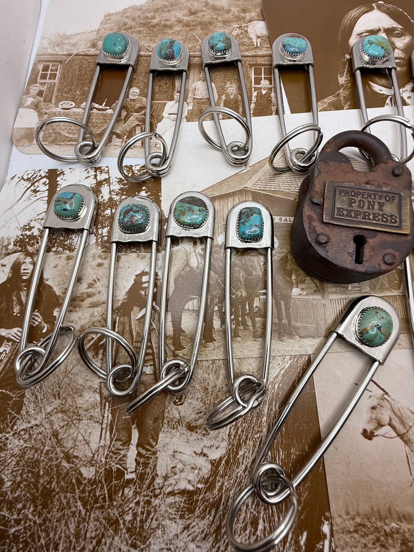 Vintage style Native American Turquoise large safety pin keychain