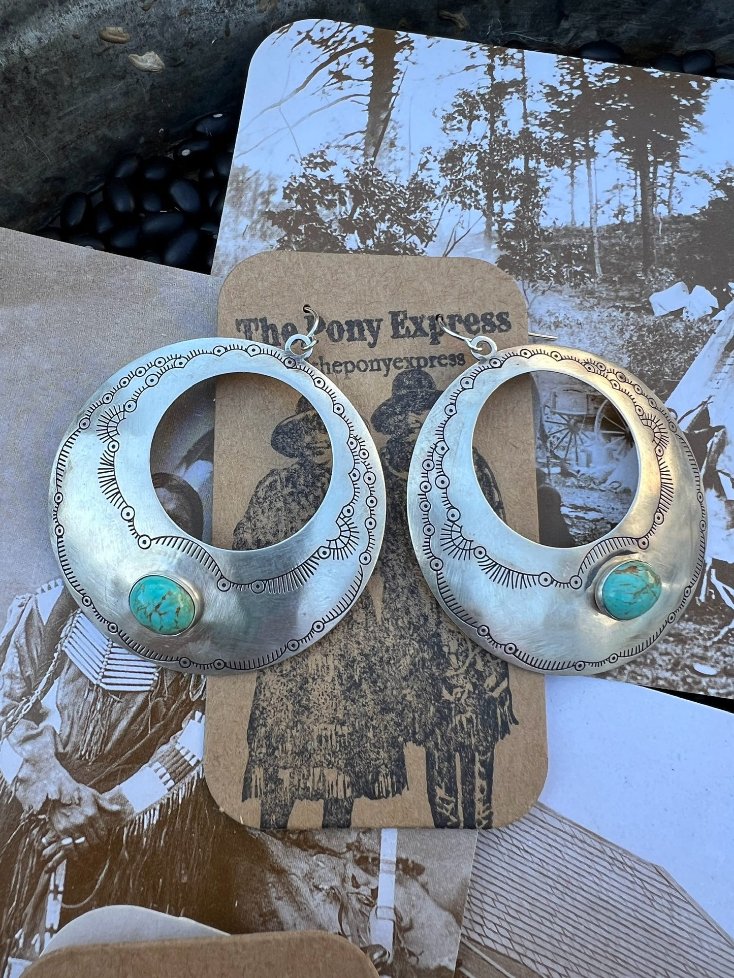 Large Sterling Silver Turquoise etched Disk earrings