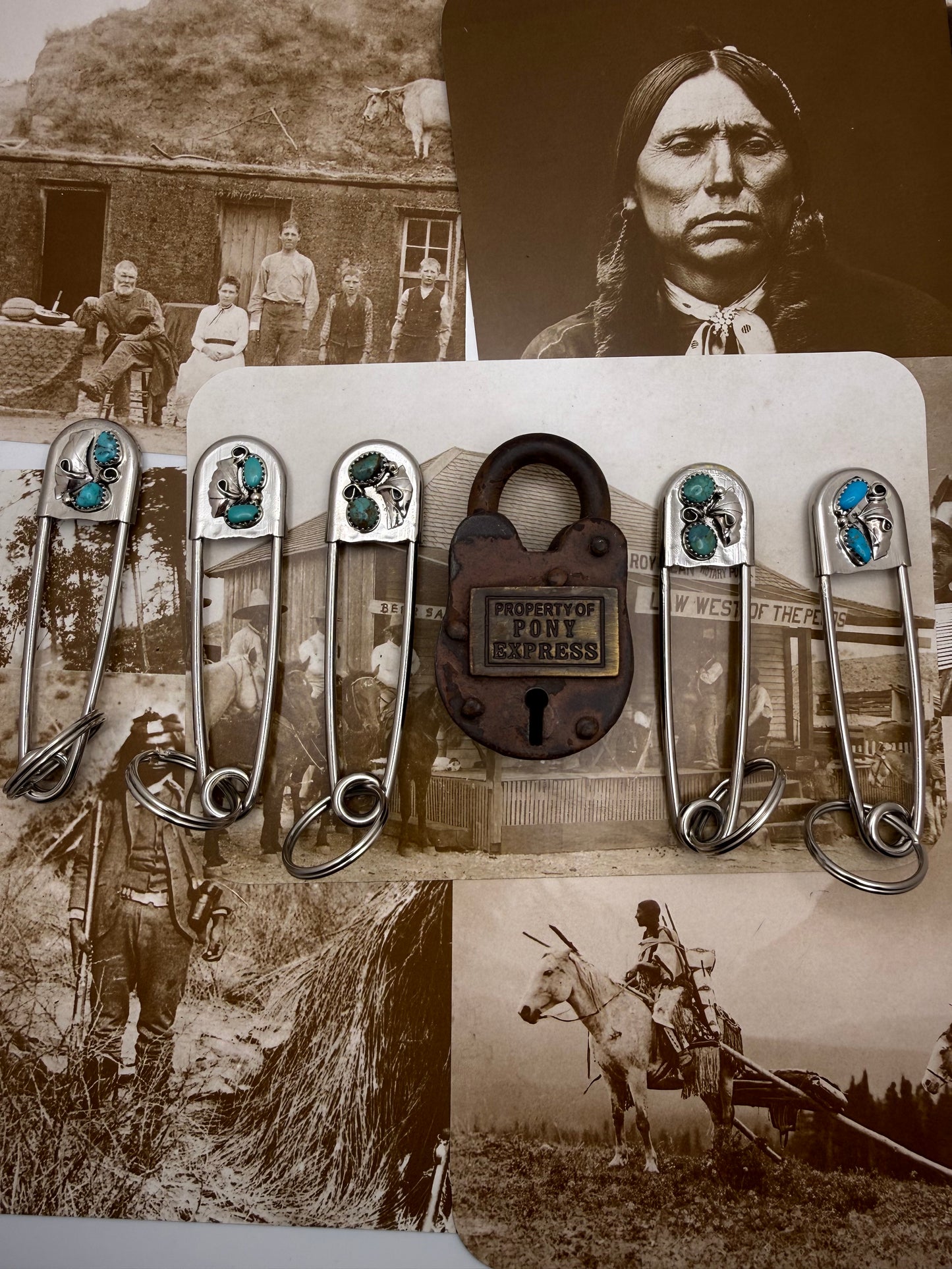 Vintage style Native American Turquoise large safety pin keychain