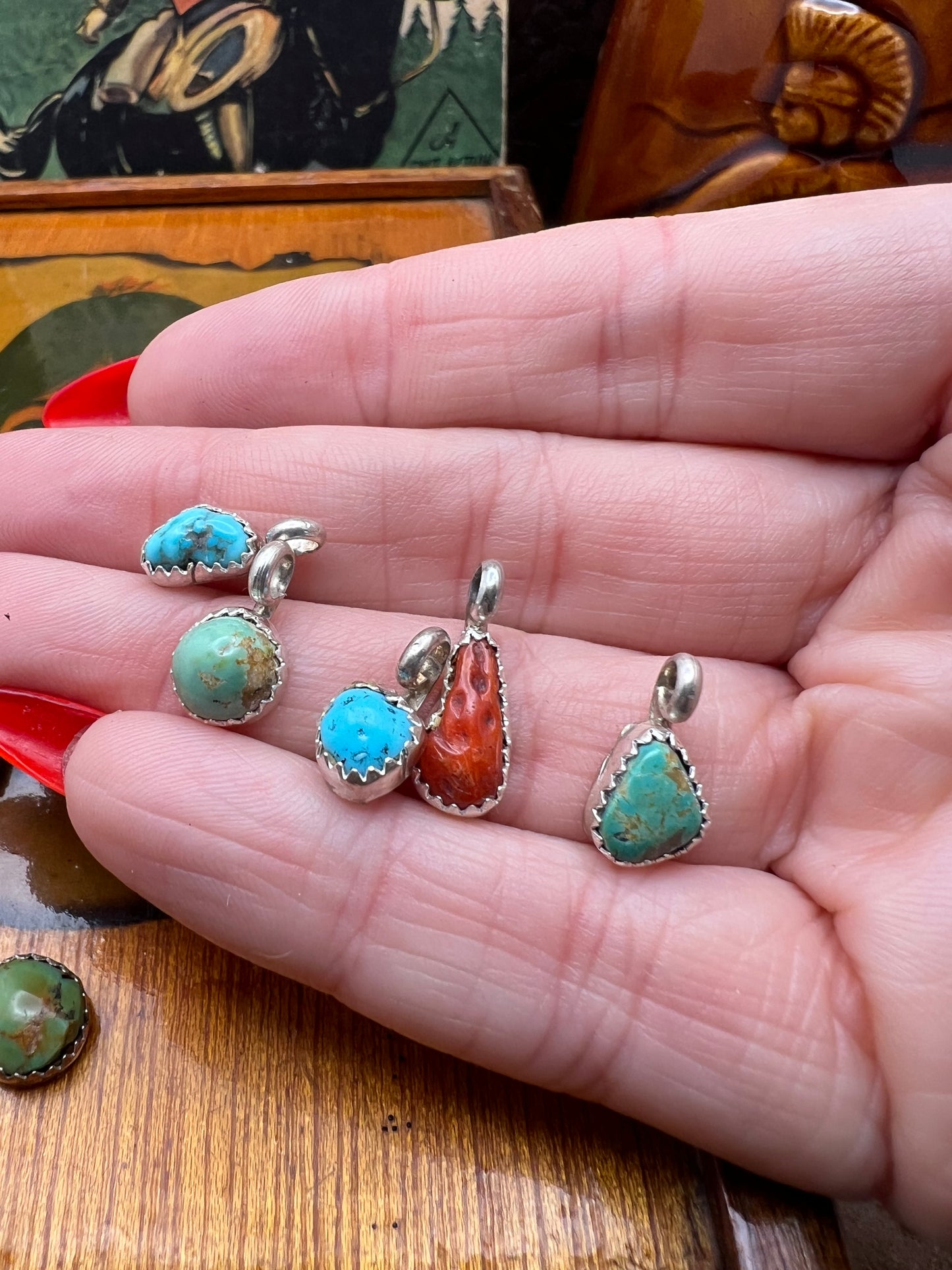 Mini Genuine Turquoise and Coral Pendants