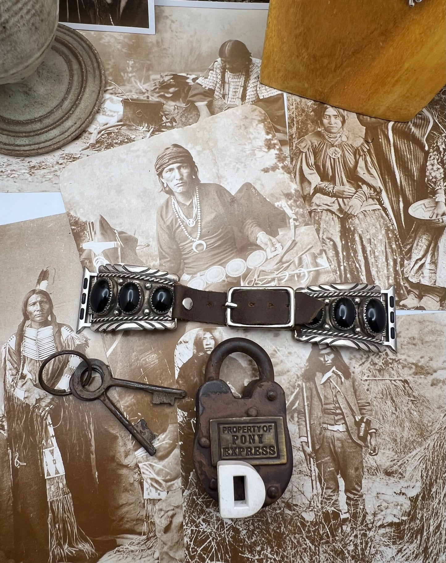 Native American Sterling Silver Watch Band with Black Onyx D