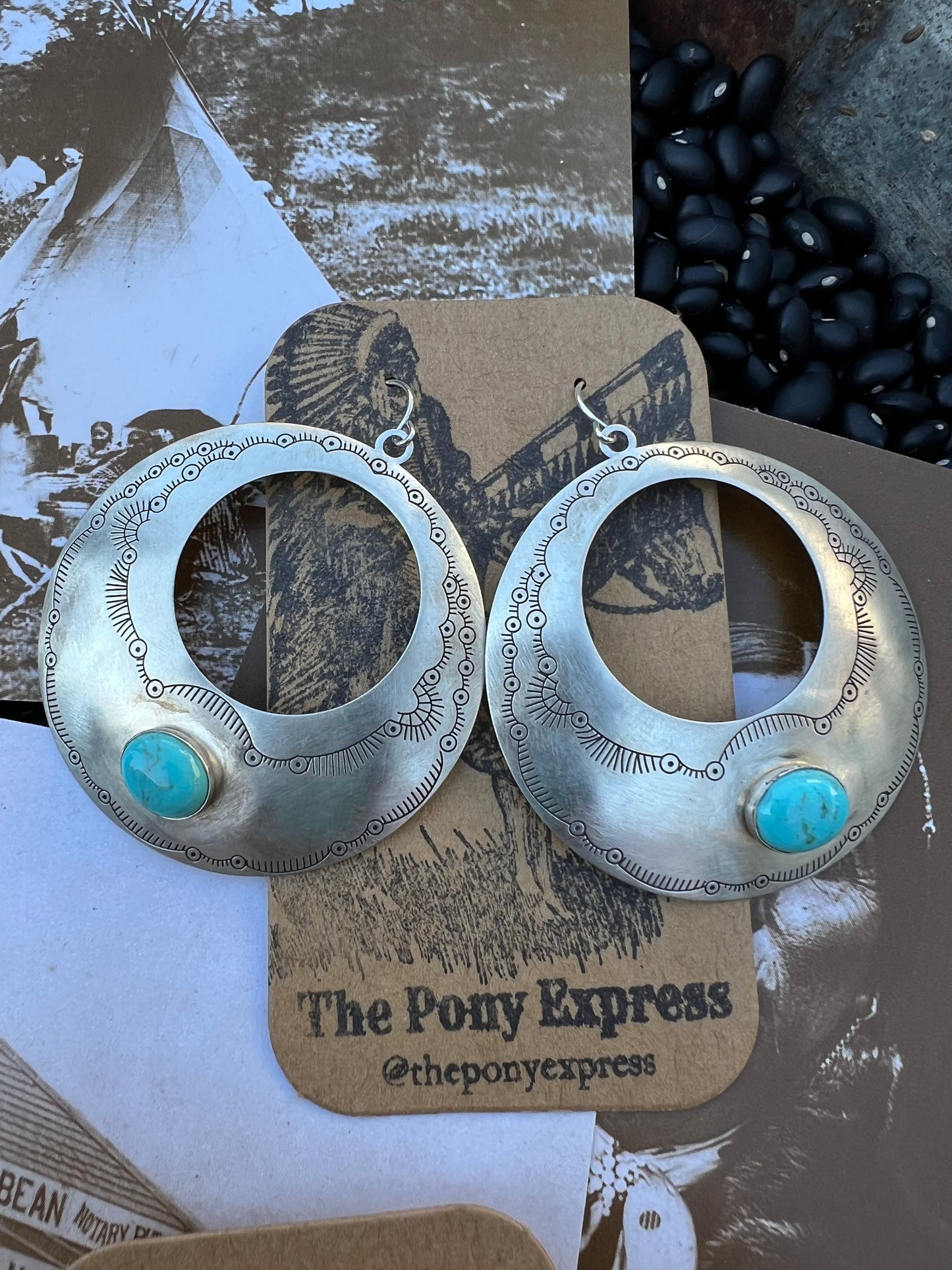 Large Sterling Silver Turquoise etched Disk earrings