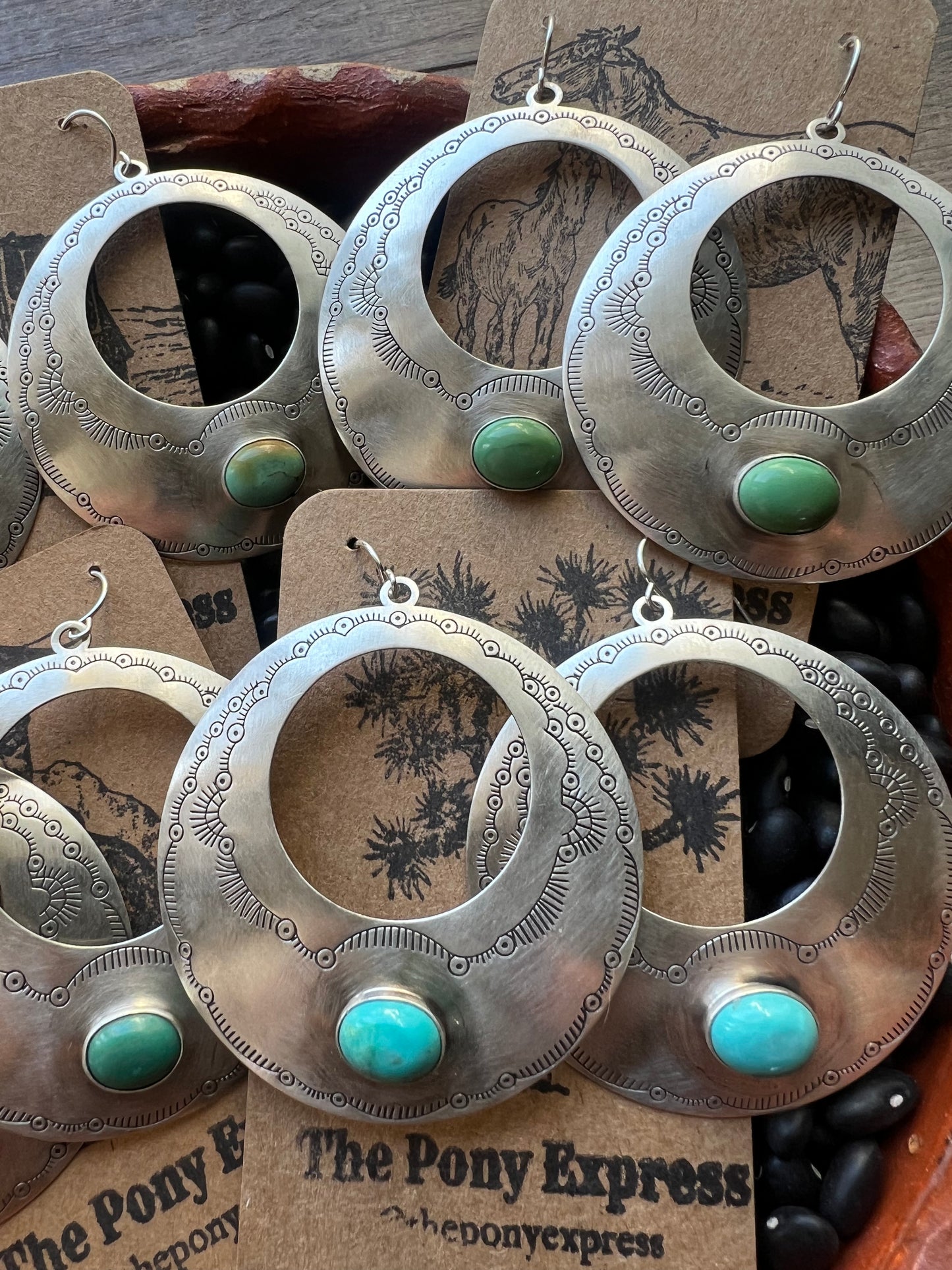 Large Sterling Silver Turquoise etched Disk earrings