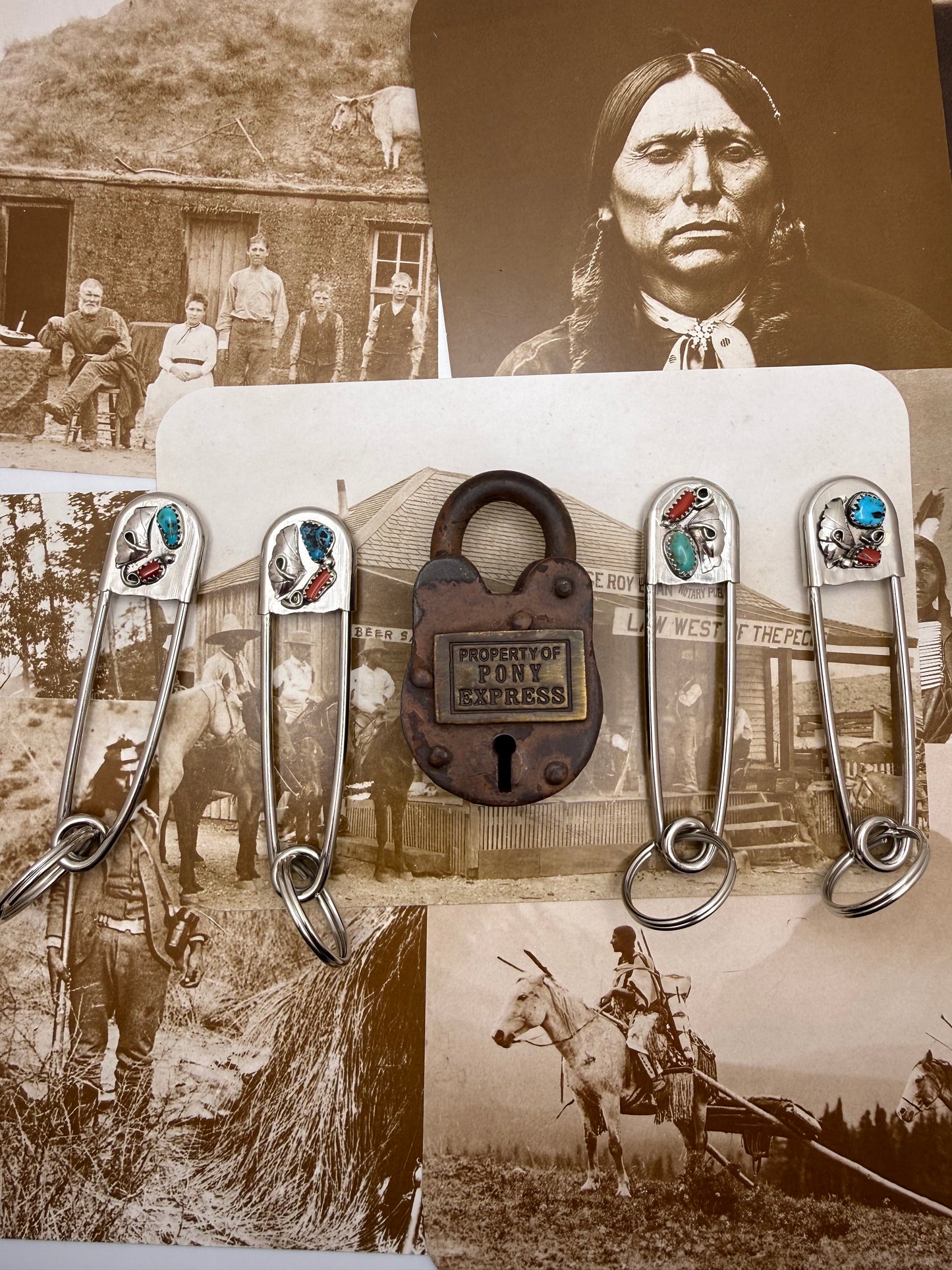Vintage style Native American Turquoise large safety pin keychain