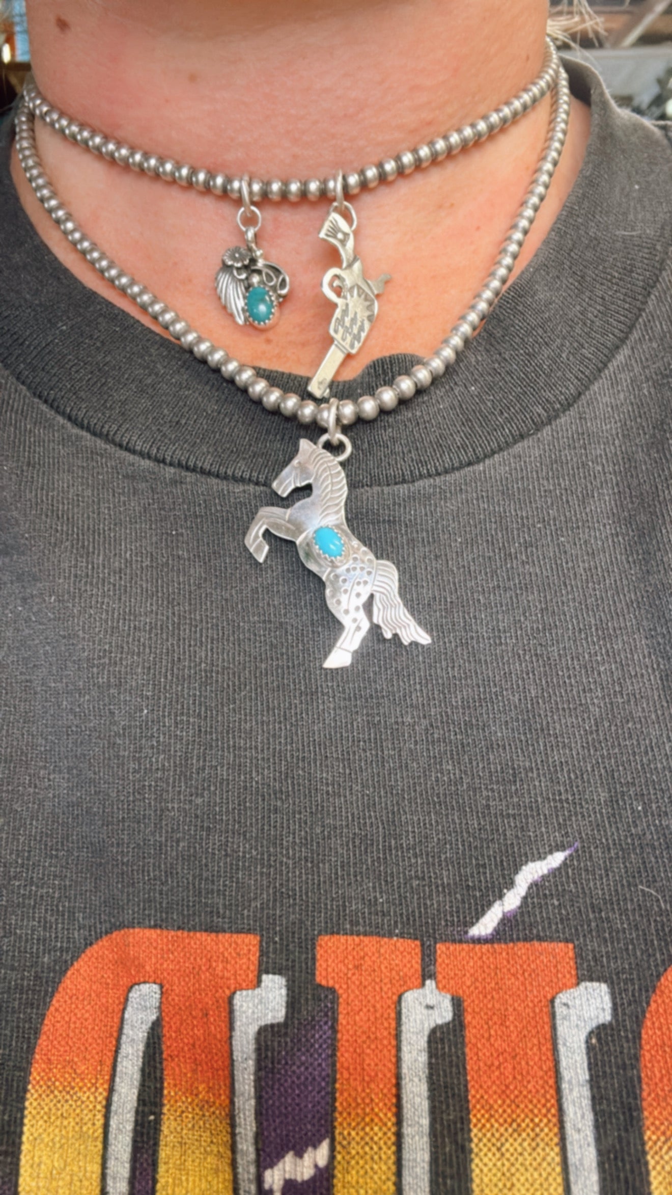 Hand Stamped Horse Charm with Genuine Turquoise