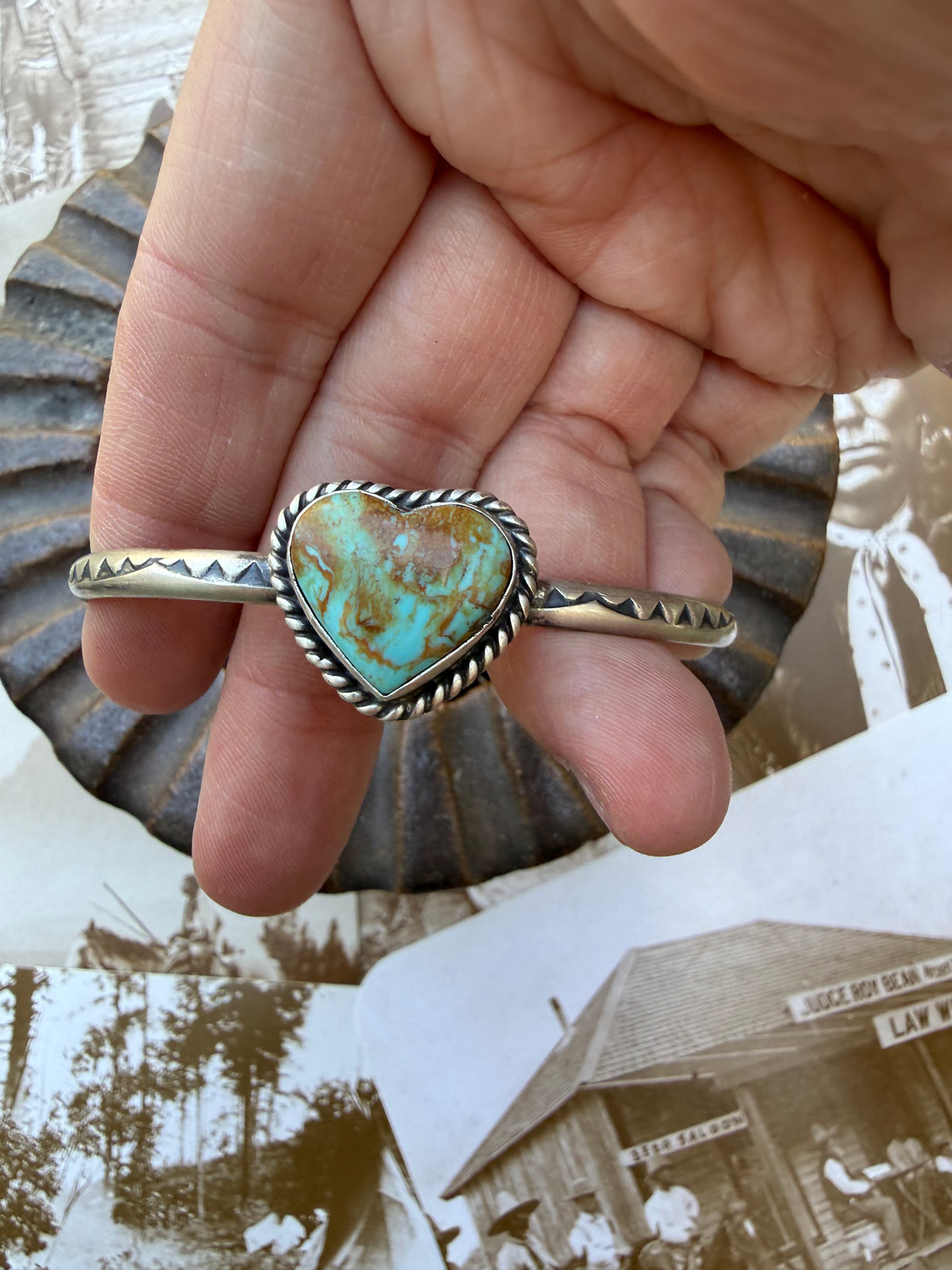Turquoise Heart Handstamped Cuff