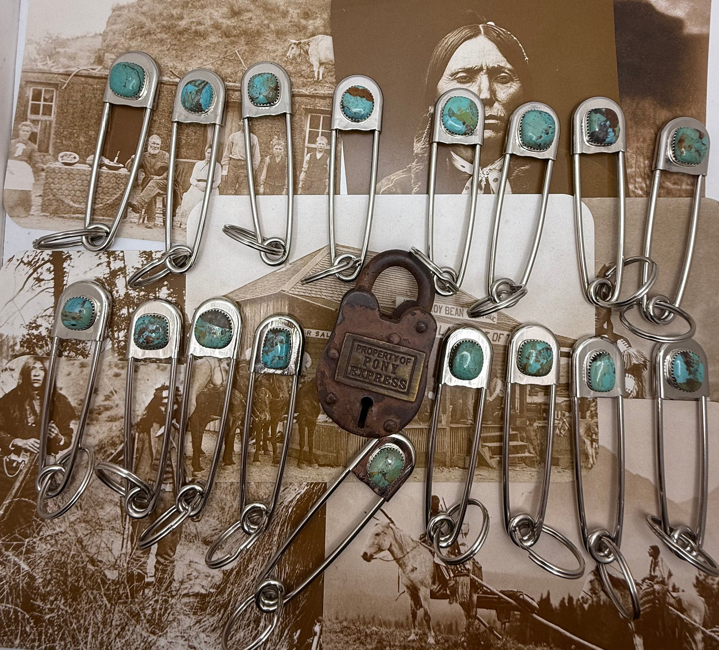 Vintage style Native American Turquoise large safety pin keychain
