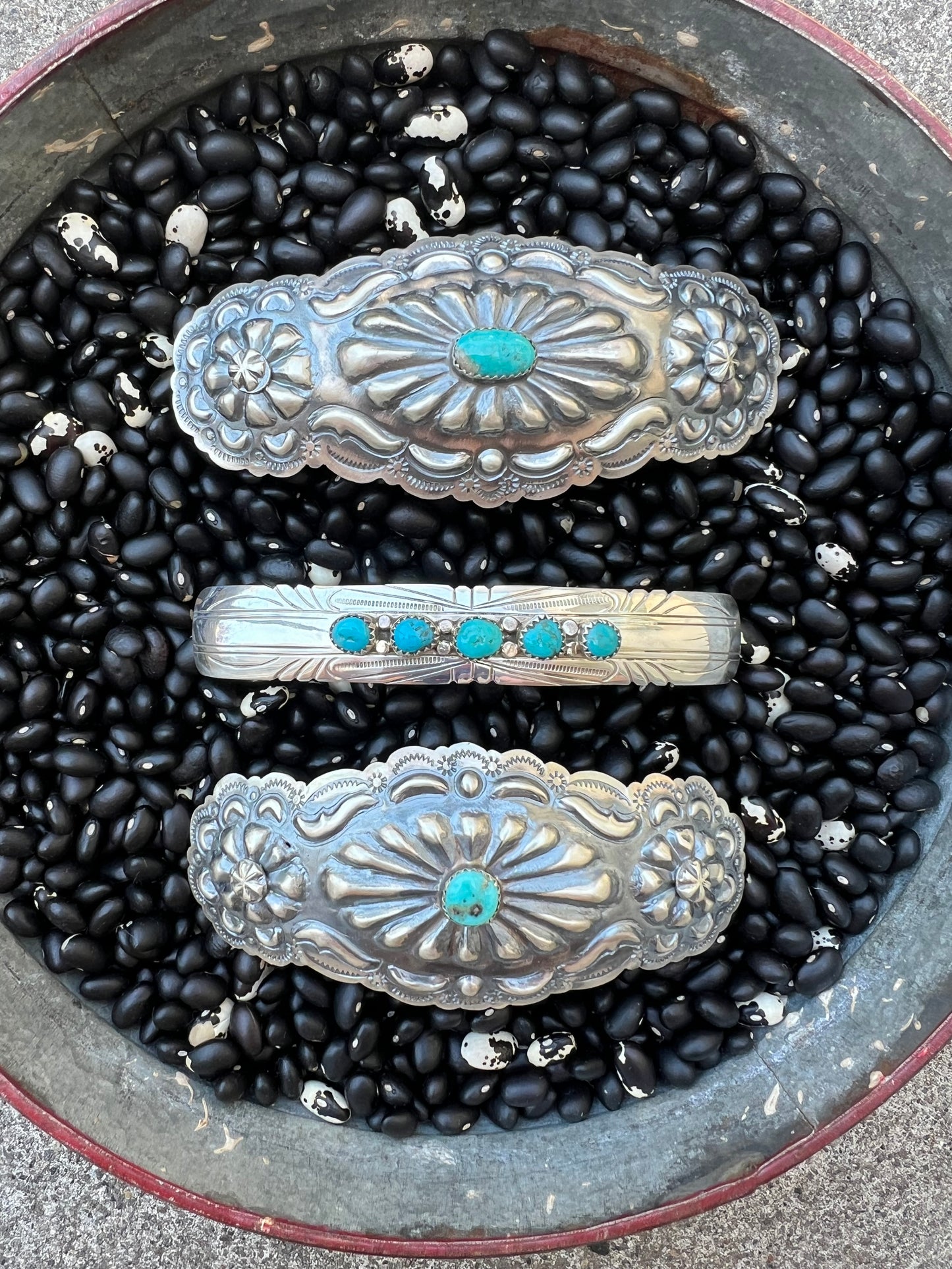 Large detailed Sterling silver barrette with genuine turquoise