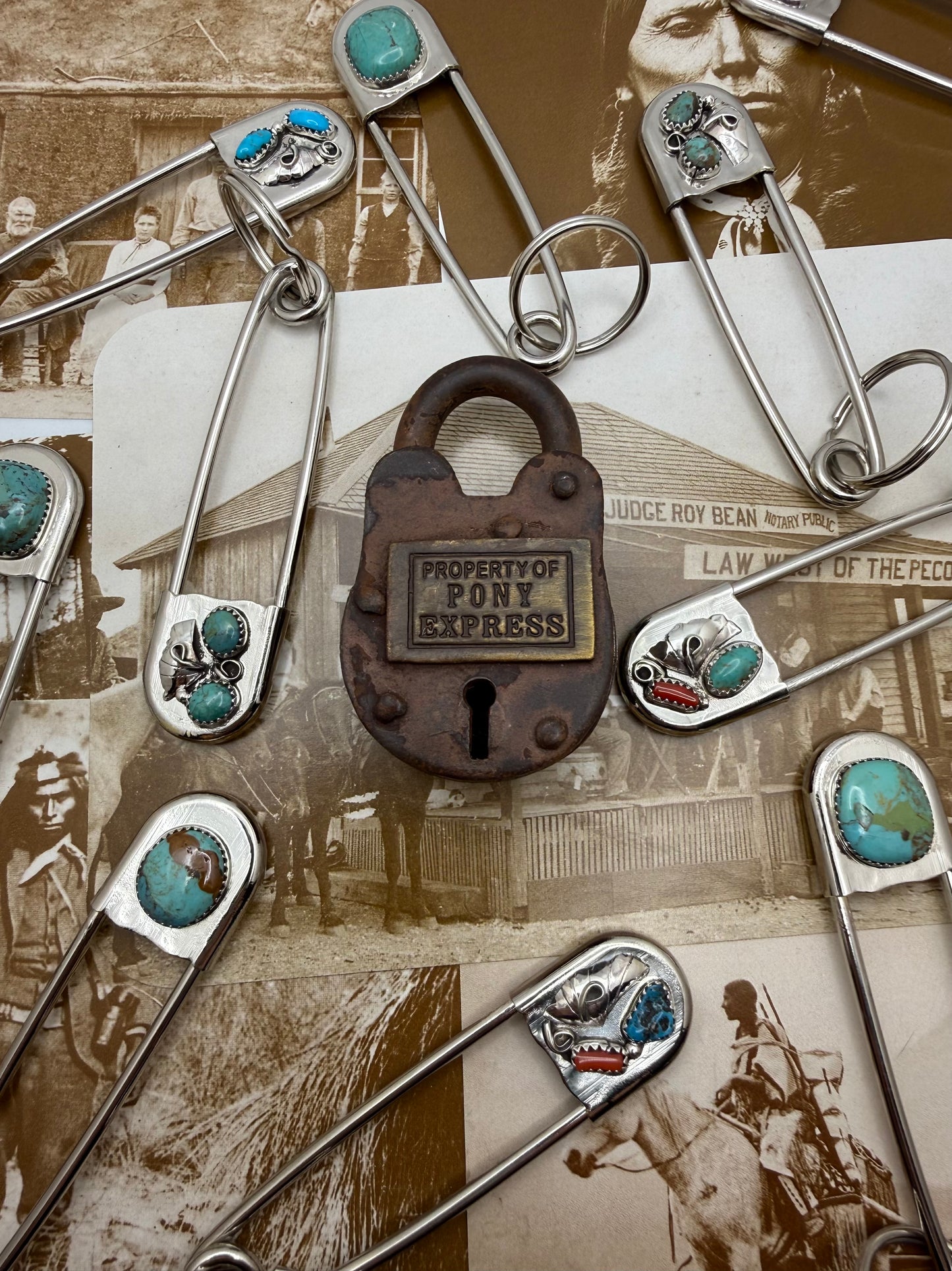 Vintage style Native American Turquoise large safety pin keychain