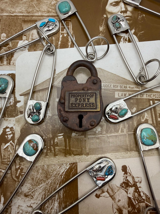 Vintage style Native American Turquoise large safety pin keychain